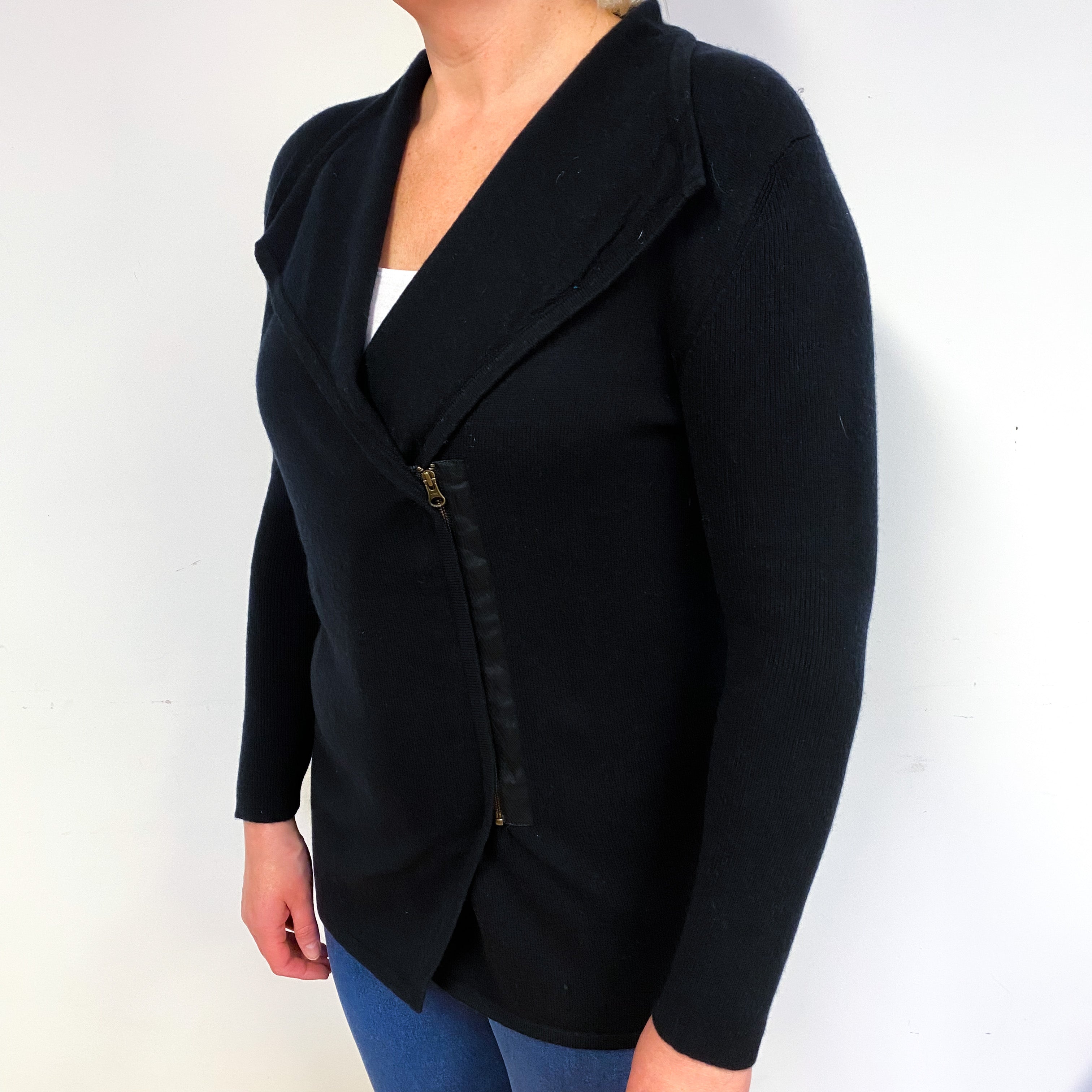 Black Cashmere Zip Front Cardigan with Collar Large