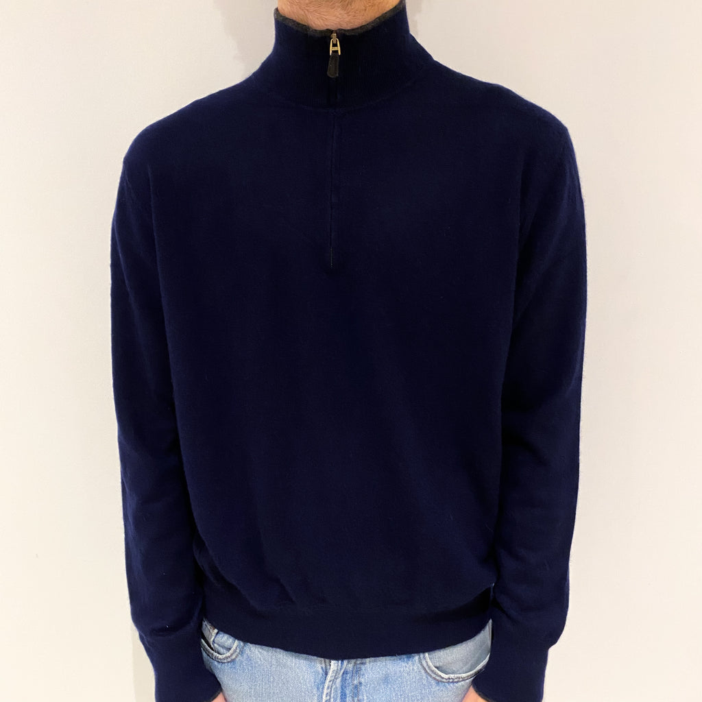 Men's Navy Blue Cashmere 1/4 Zip Jumper Large