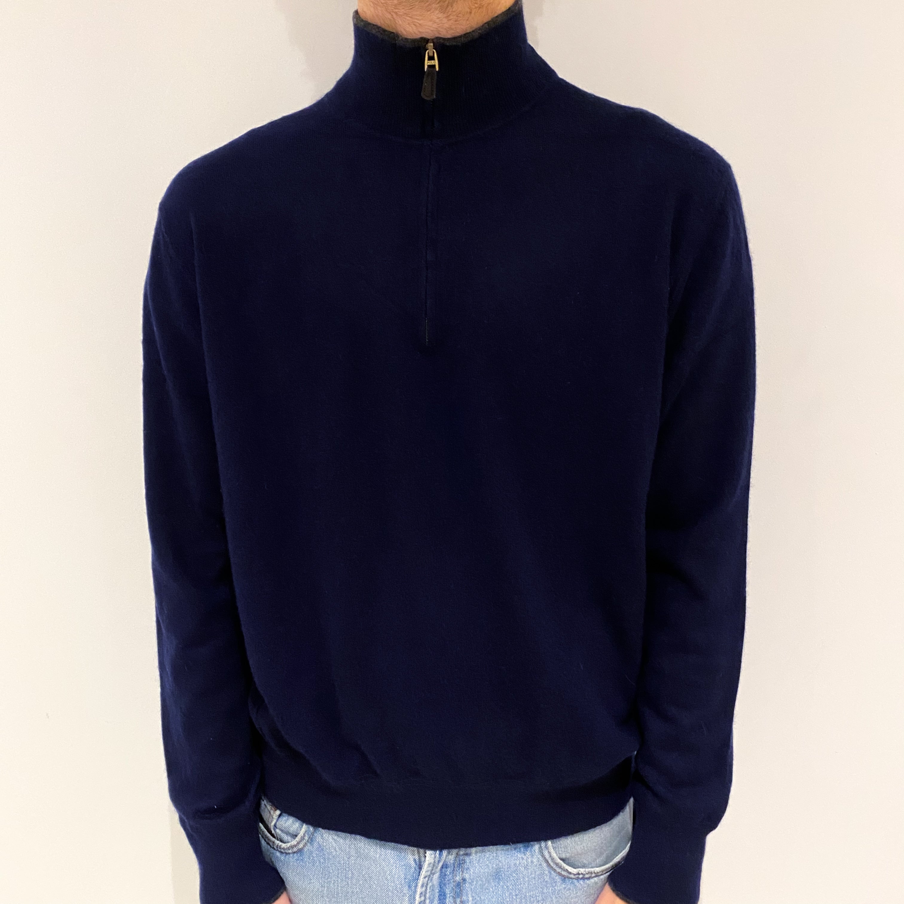 Men's Navy Blue Cashmere 1/4 Zip Jumper Large