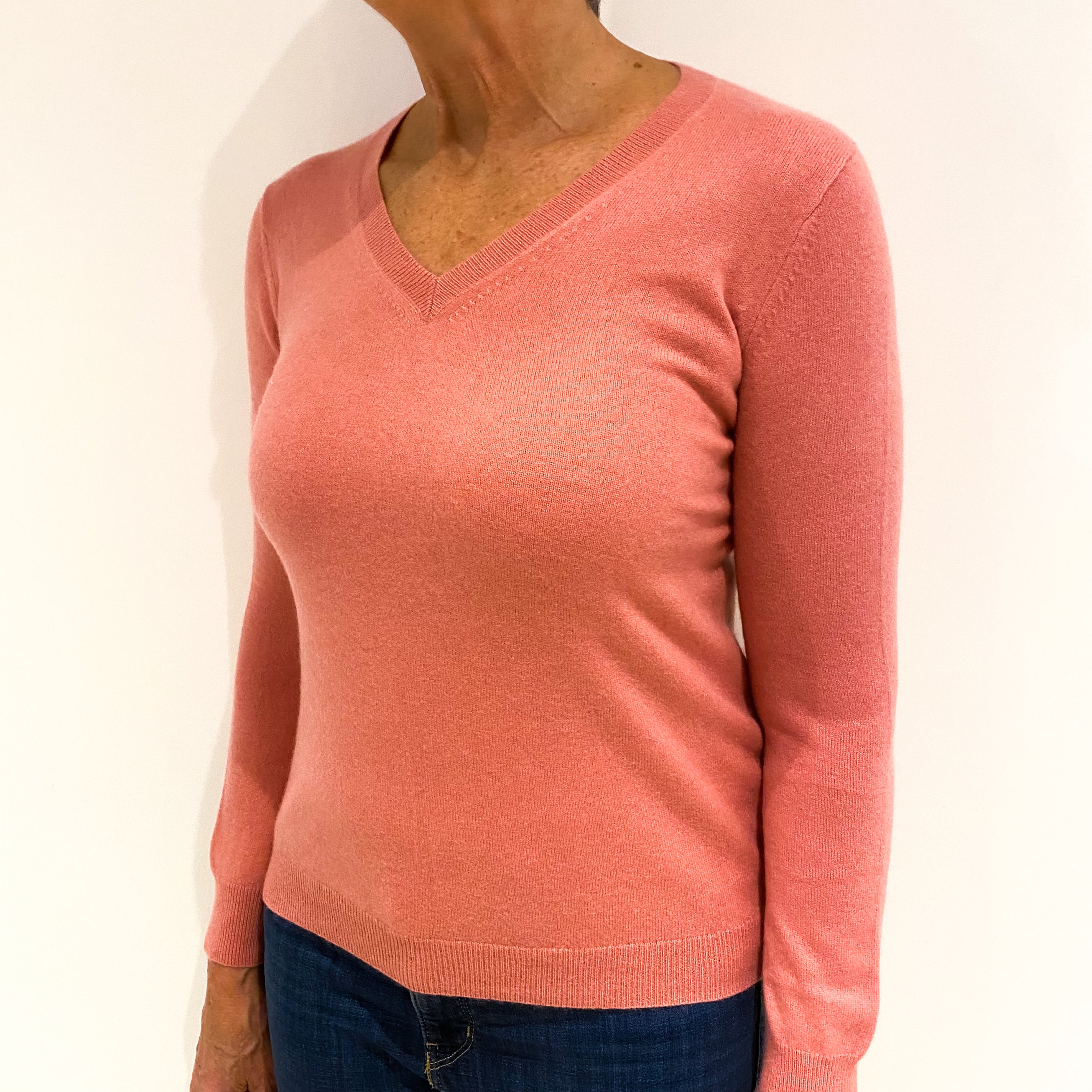 Salmon Pink Cashmere V-Neck Jumper Medium