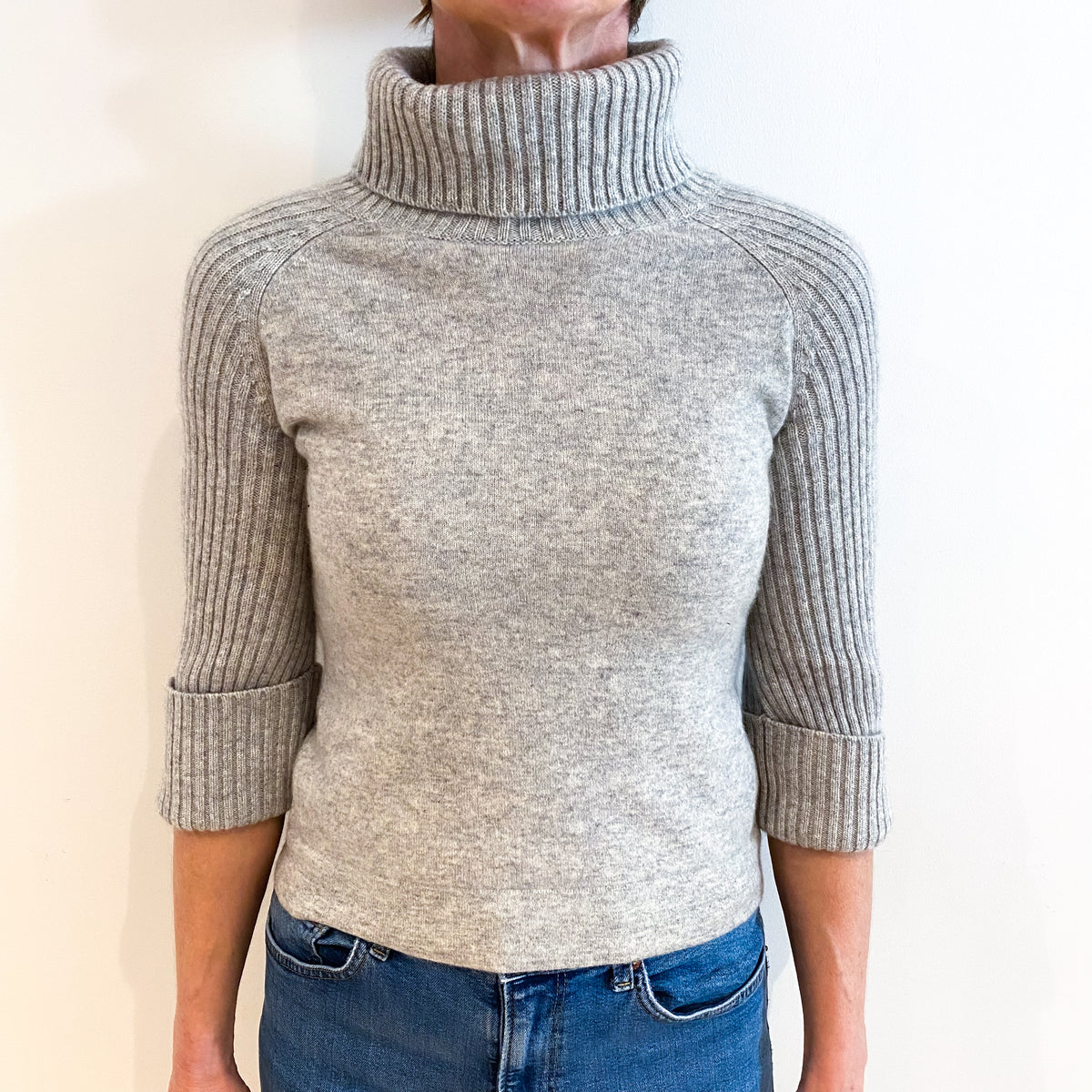 Smoke Grey Cashmere Chunky Knit Polo Neck Jumper Small