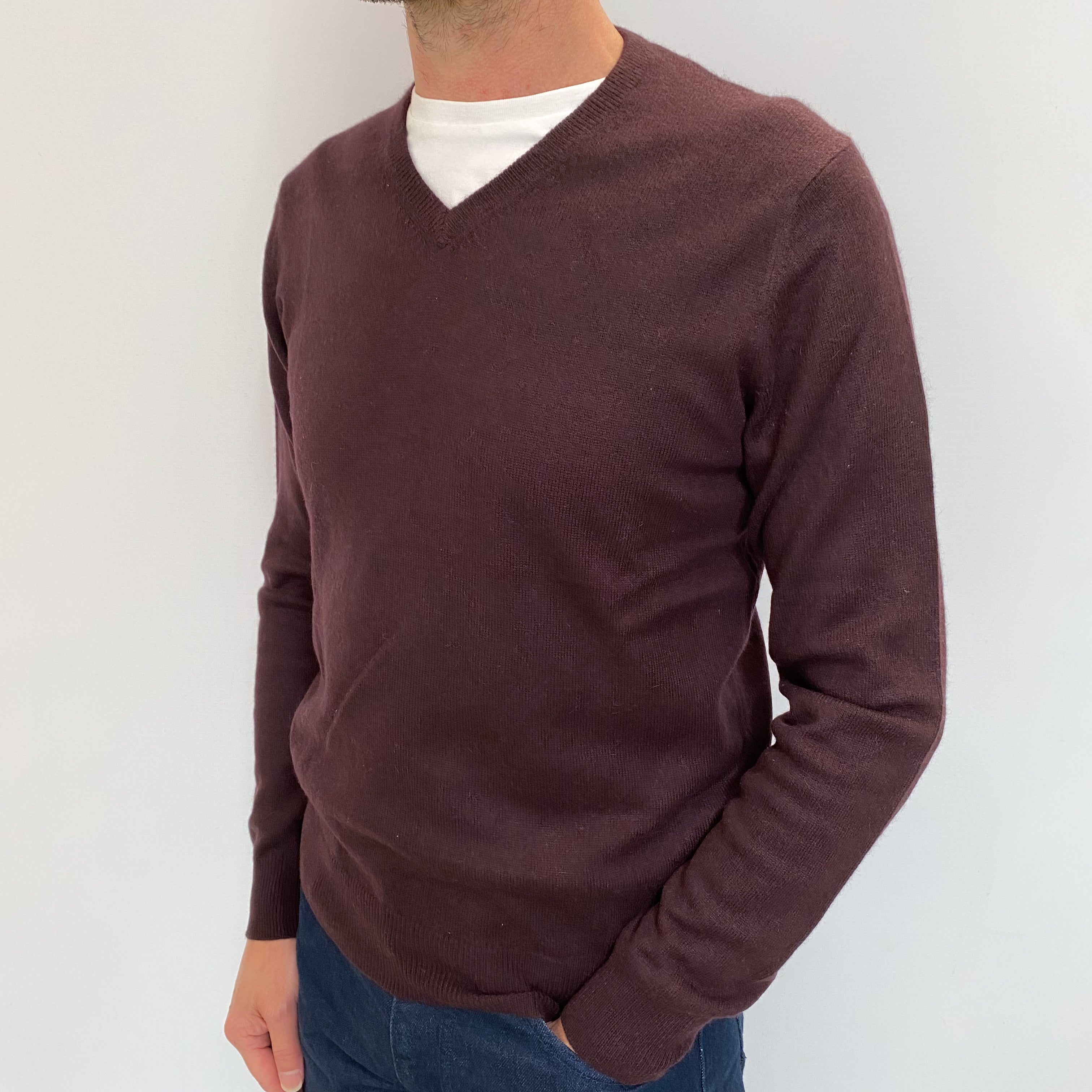 Men's Aubergine Brown Cashmere V Neck Jumper Small