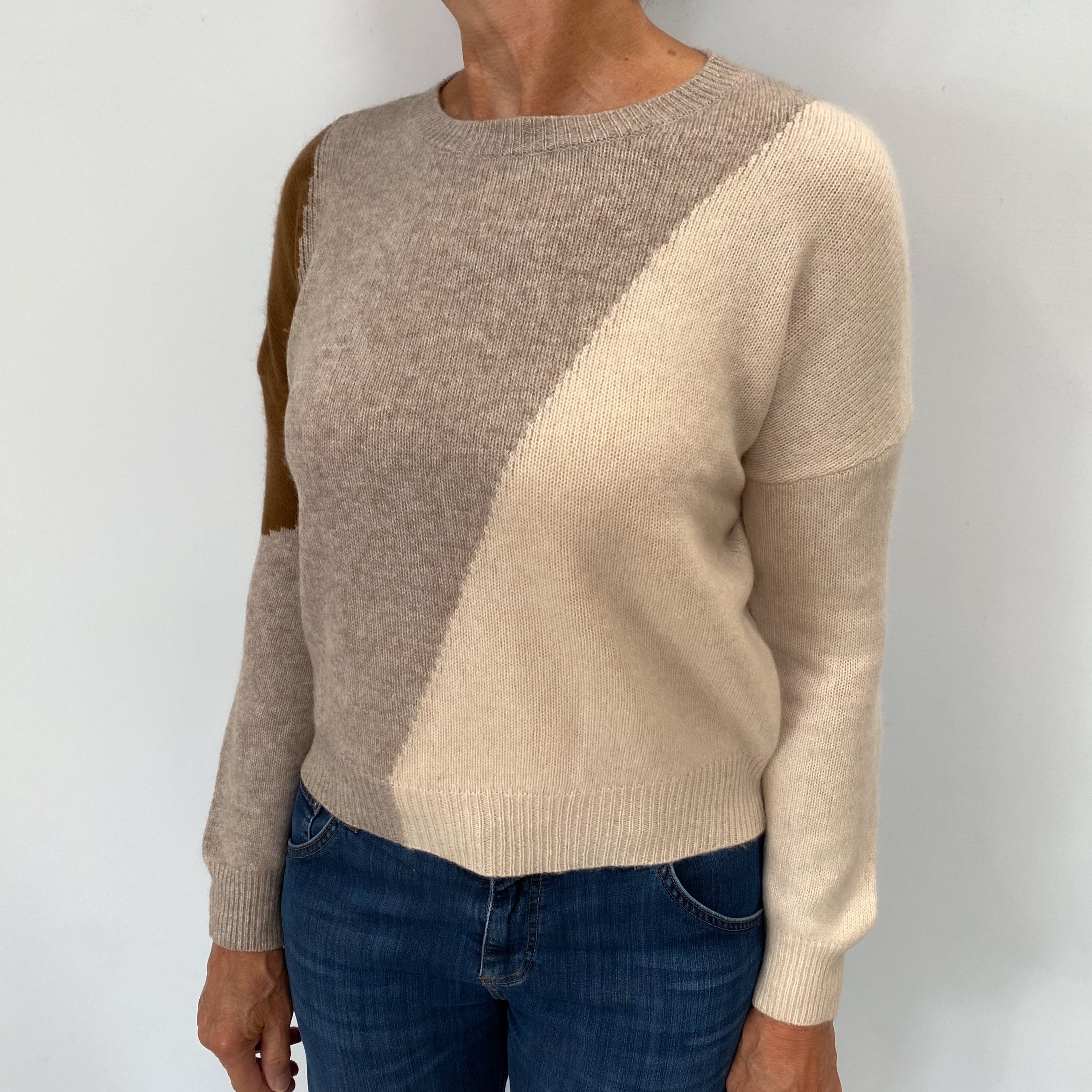 Oat and Grey Patchwork Cashmere Crew Neck Jumper Medium