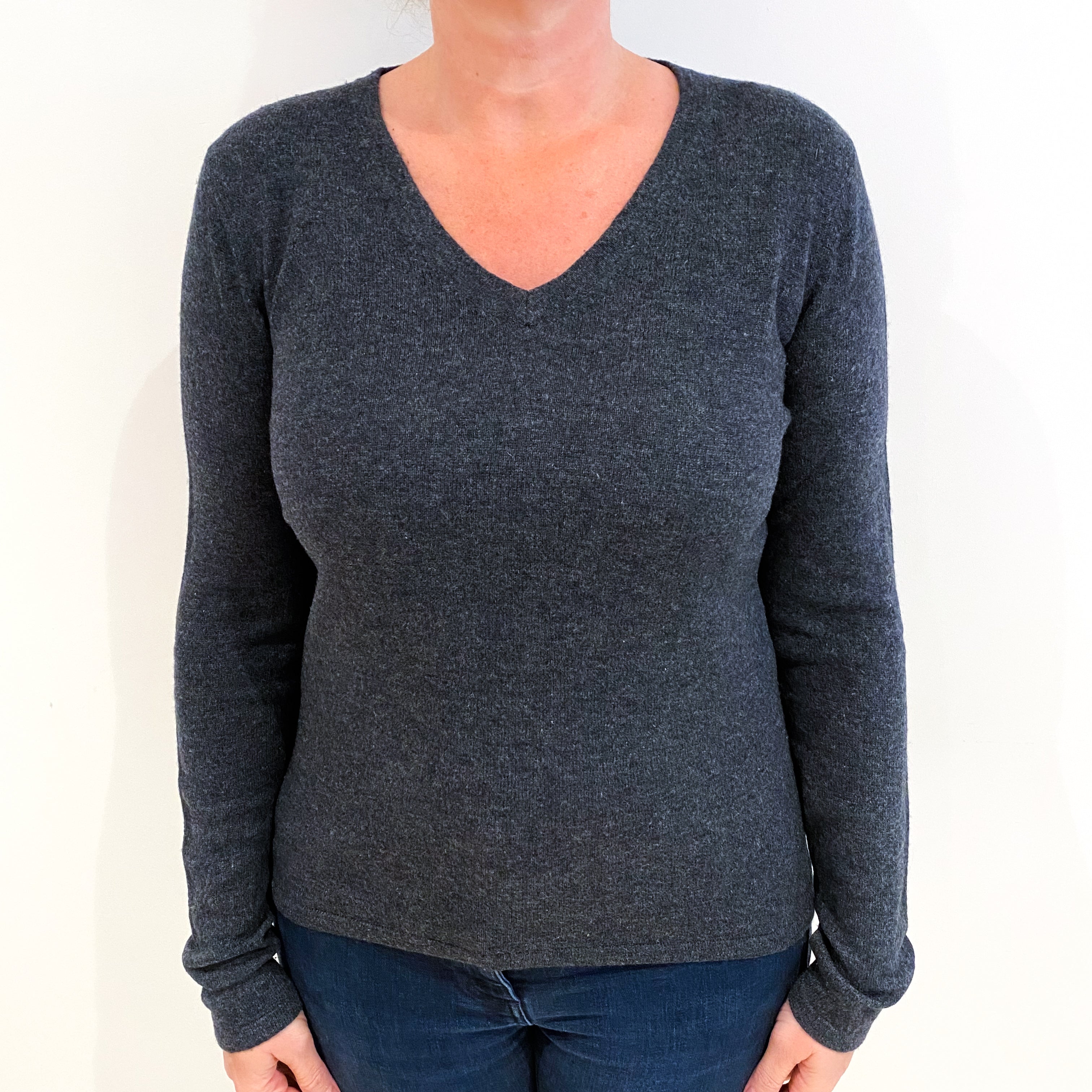 Charcoal Grey Cashmere V Neck Jumper Large