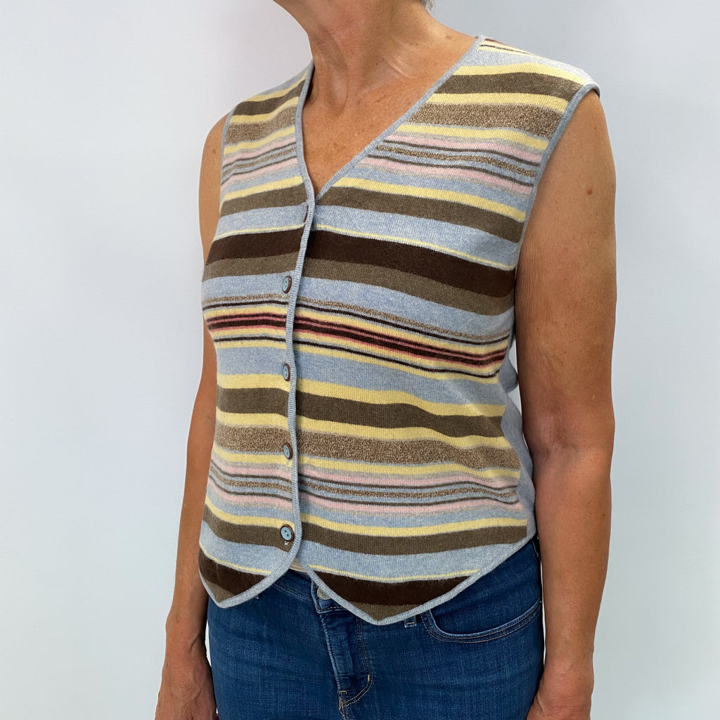 Blue Striped Cashmere V Neck Knitted Waistcoat Medium