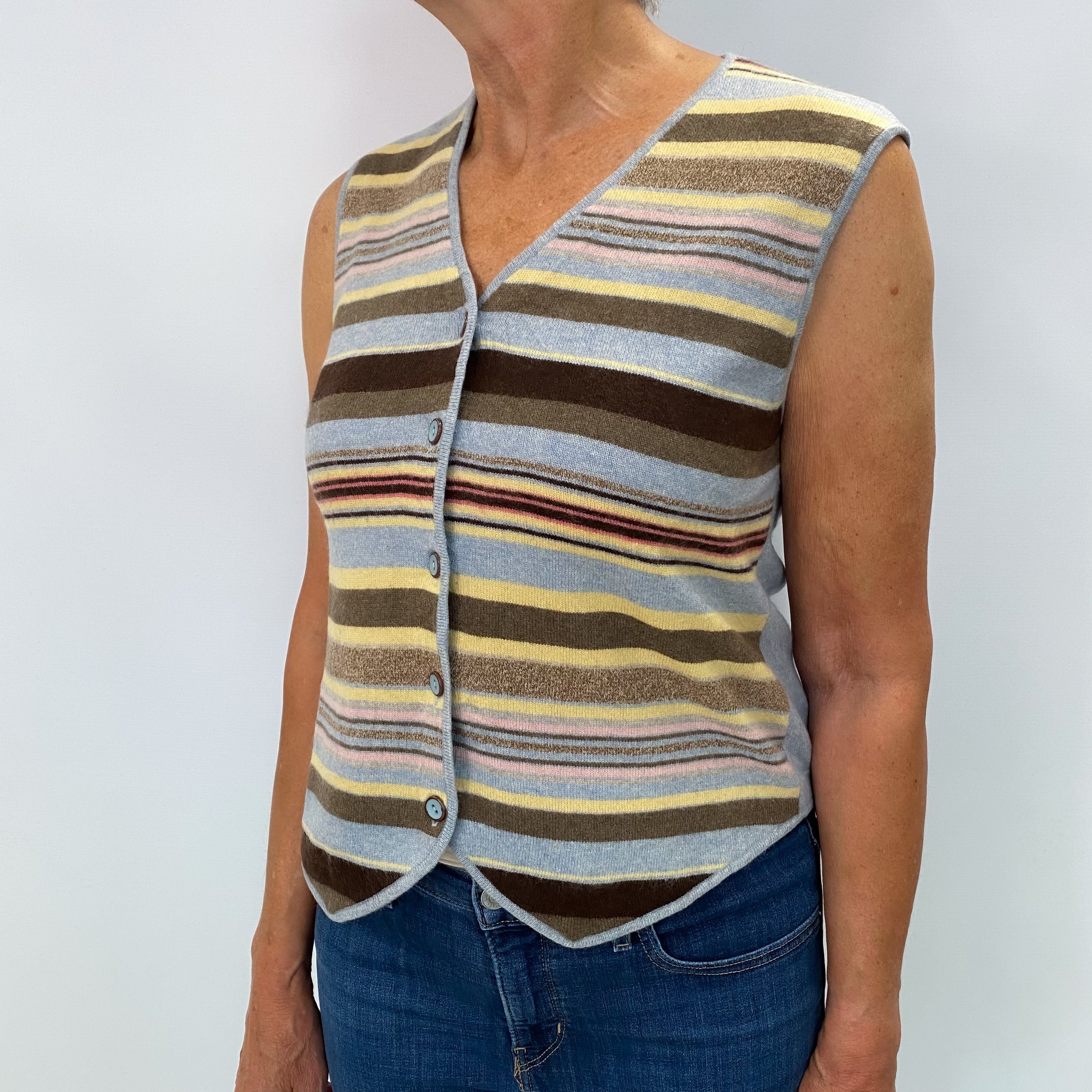 Blue Striped Cashmere V Neck Knitted Waistcoat Medium