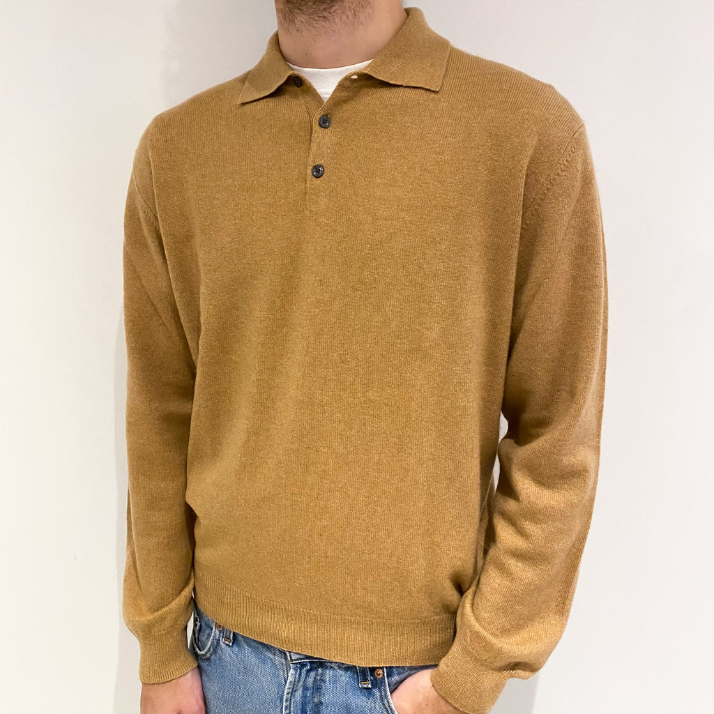 Men's Butterscotch Brown Cashmere Collared Crew Neck Jumper Medium