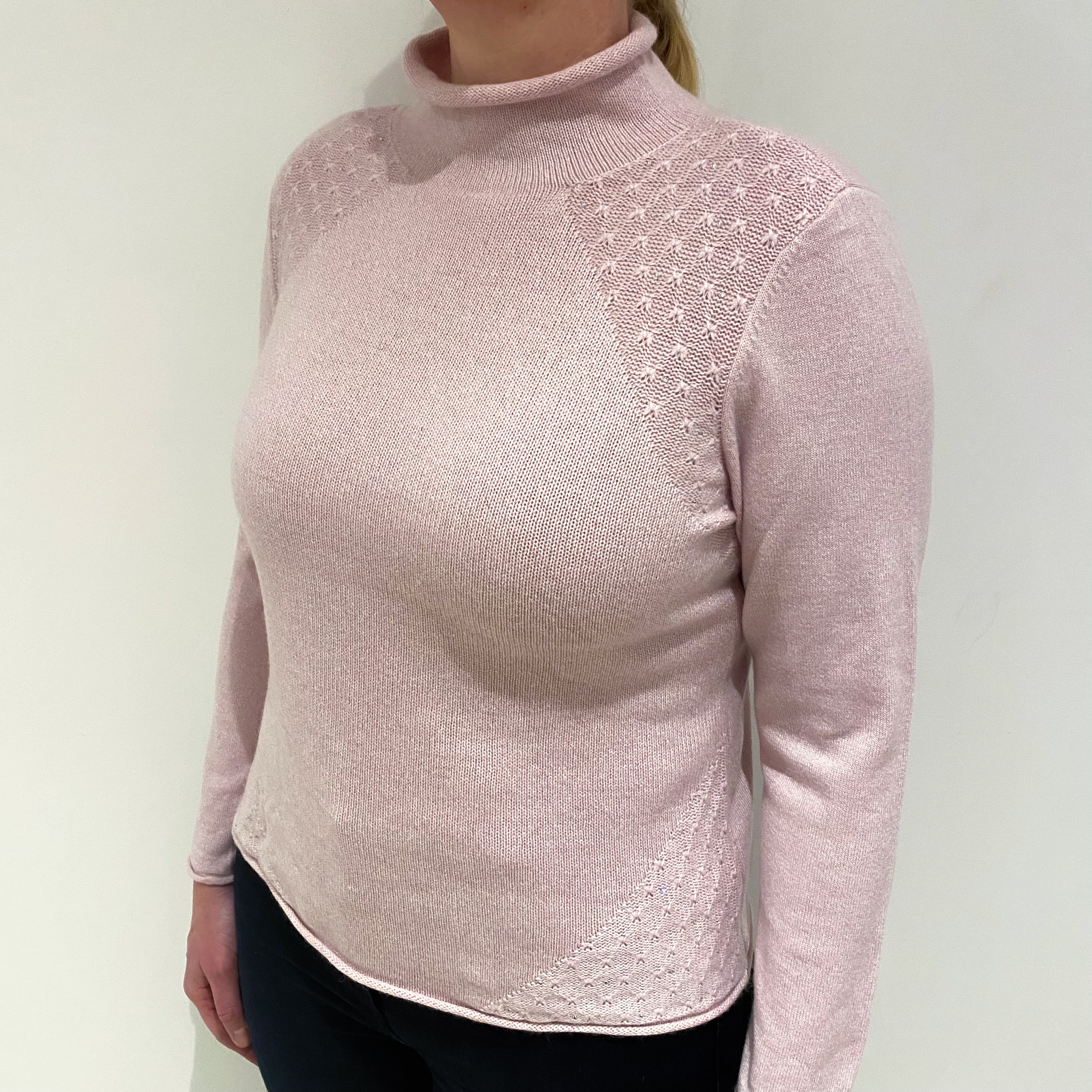 Pale Pink Diamanté Cashmere Funnel Neck Jumper Large