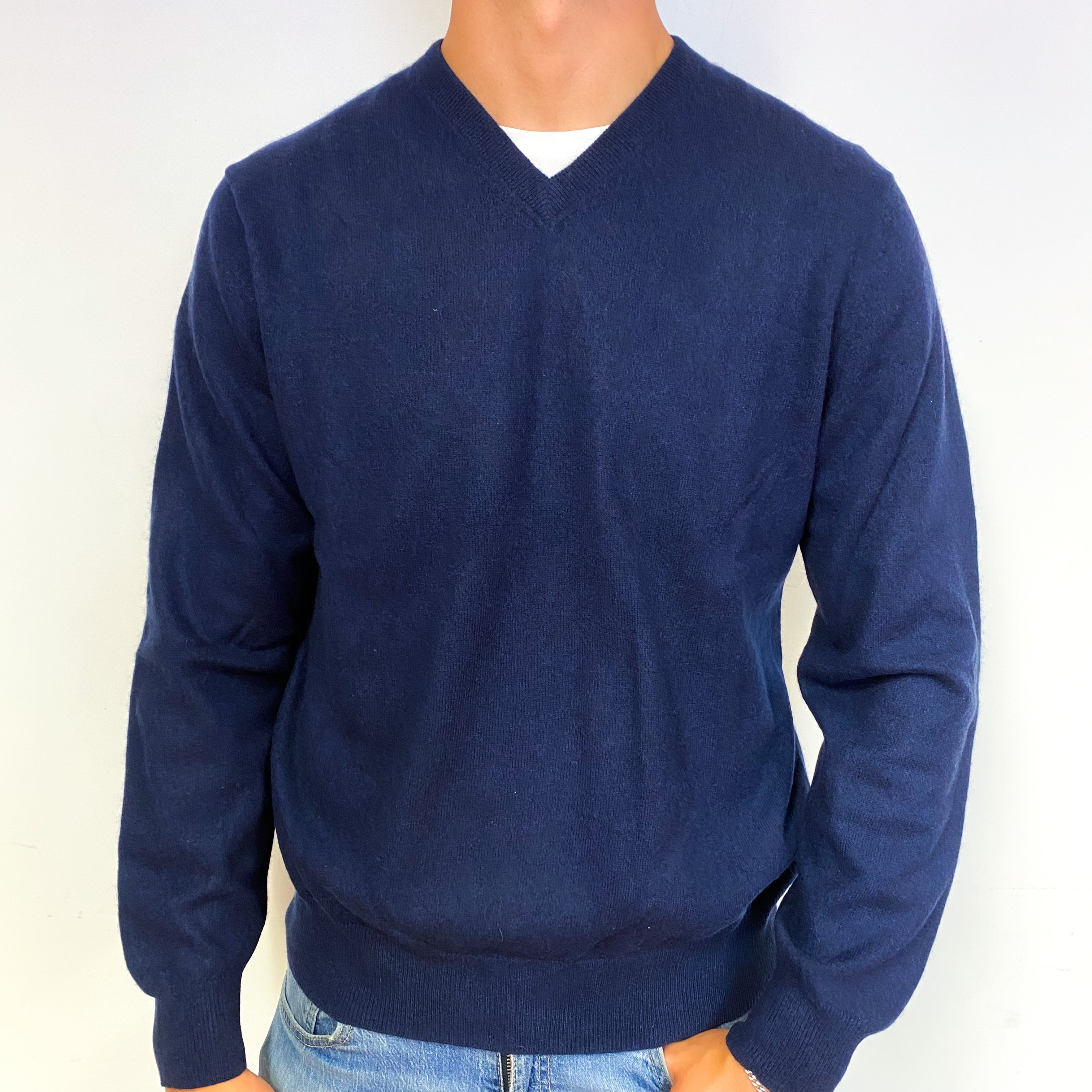 Men's Navy Blue Cashmere V-Neck Jumper Extra Large