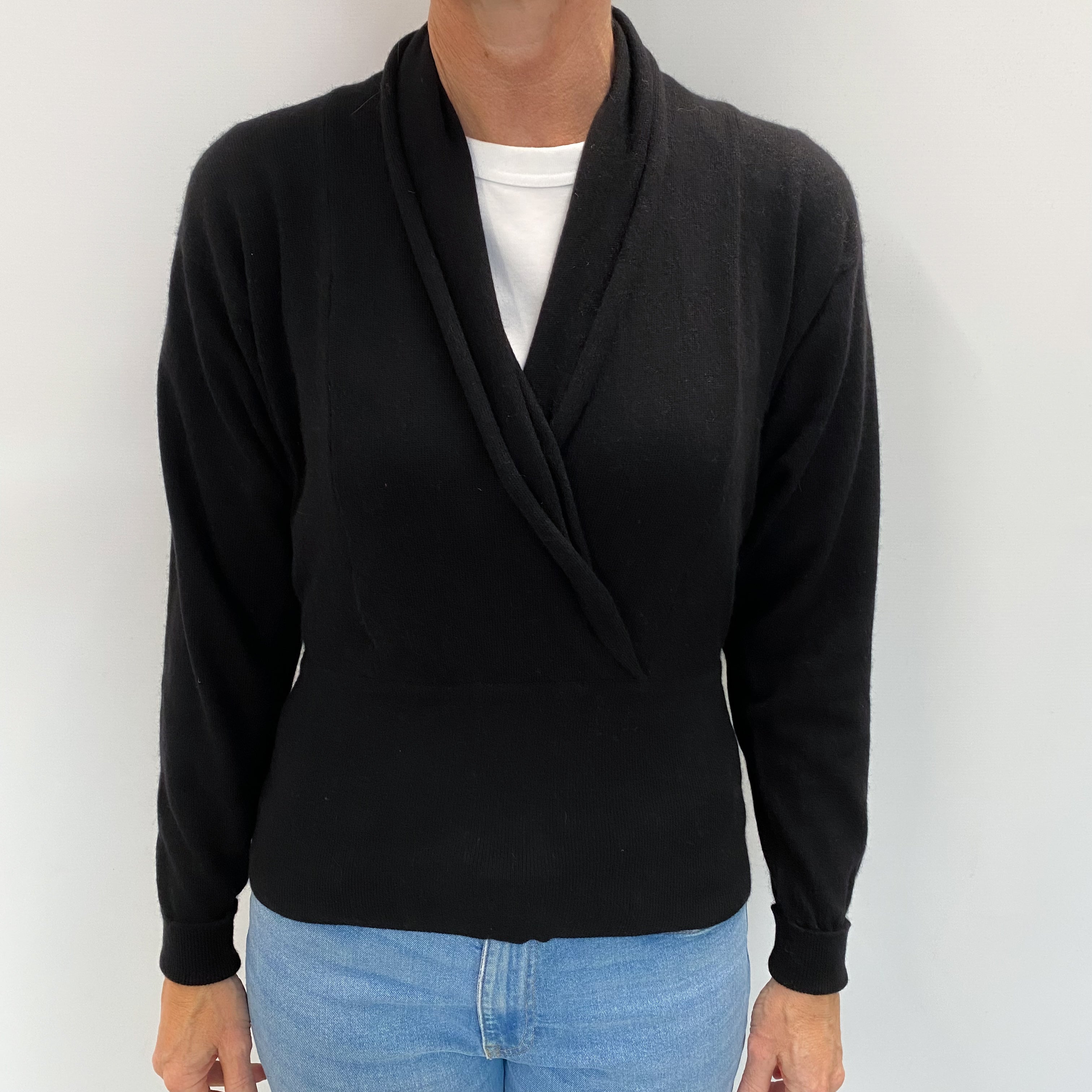 British Black Cashmere Shawl V Neck Jumper Small
