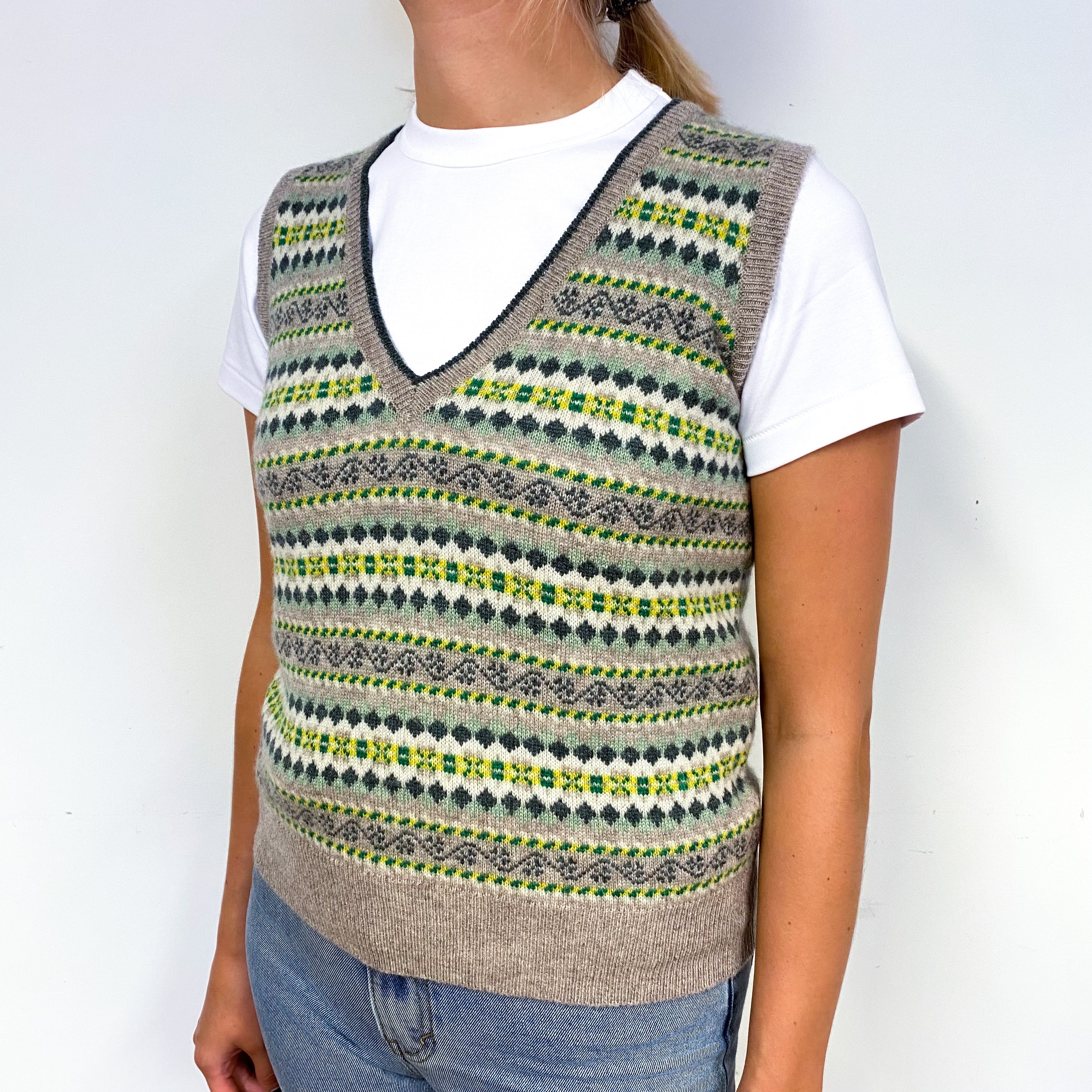 Brora Fawn Green Fair Isle Cashmere V-Neck Tank Top Small