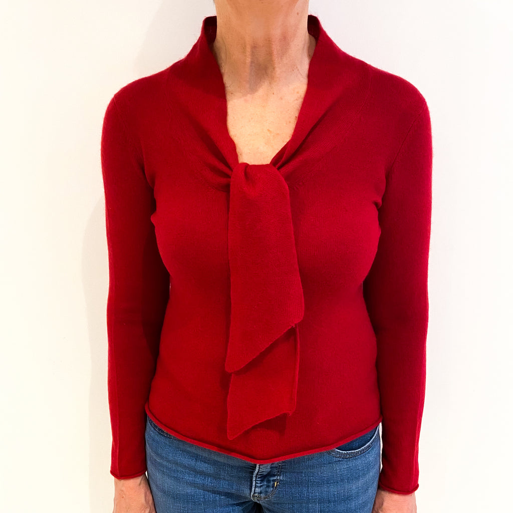Post Box Red Cashmere  V Neck Tie Jumper Medium