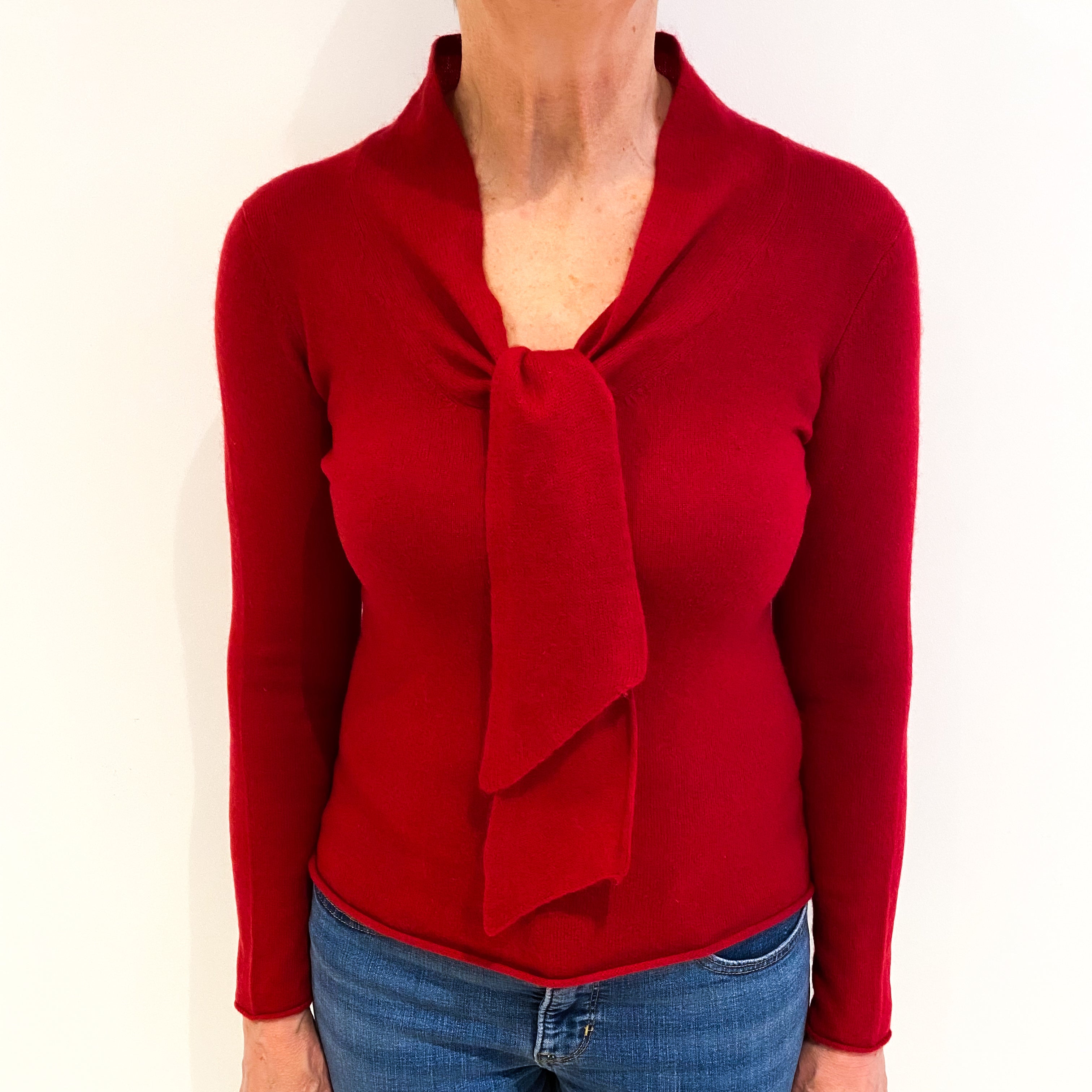 Post Box Red Cashmere  V Neck Tie Jumper Medium