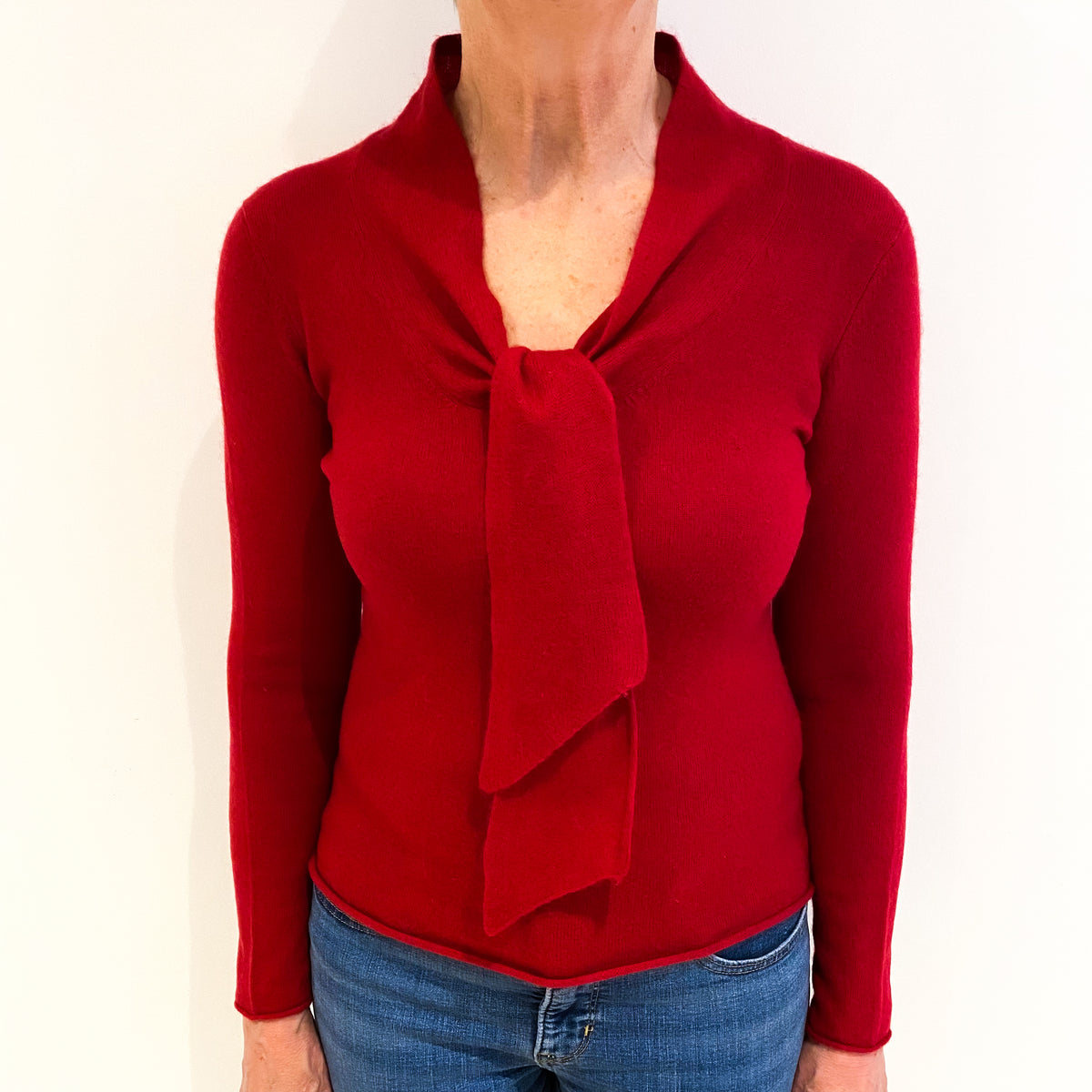 Post Box Red Cashmere  V Neck Tie Jumper Medium