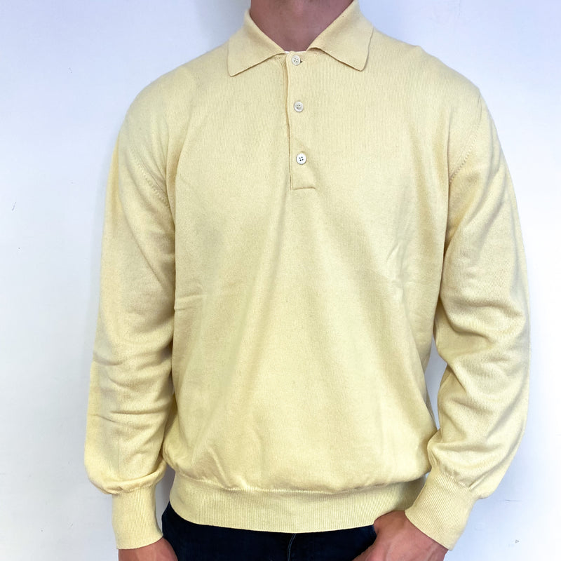 Men's Soft Yellow Cashmere Collared 1/4 Button Jumper XXL