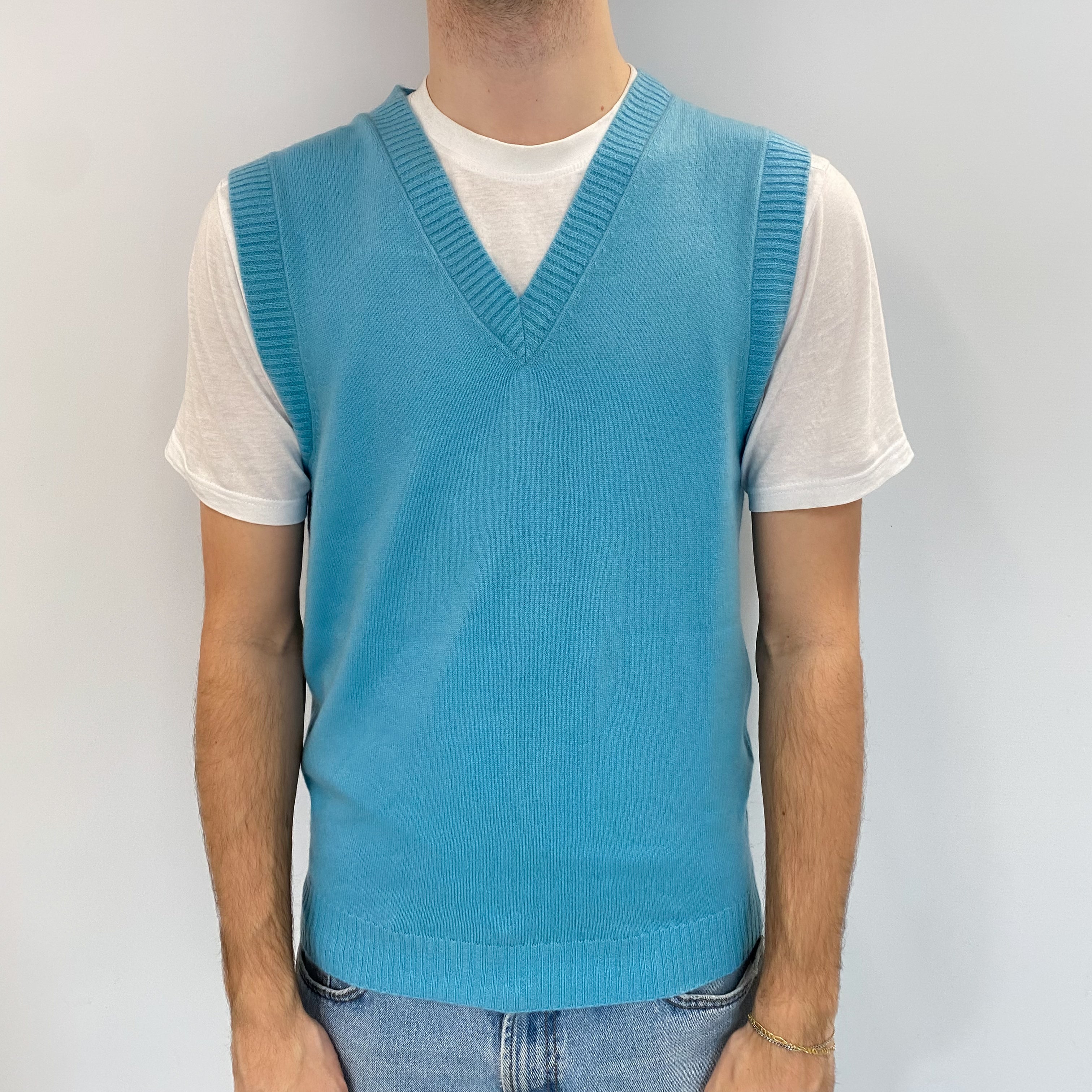 Men's Aqua Blue Cashmere V Neck Tank Top Medium