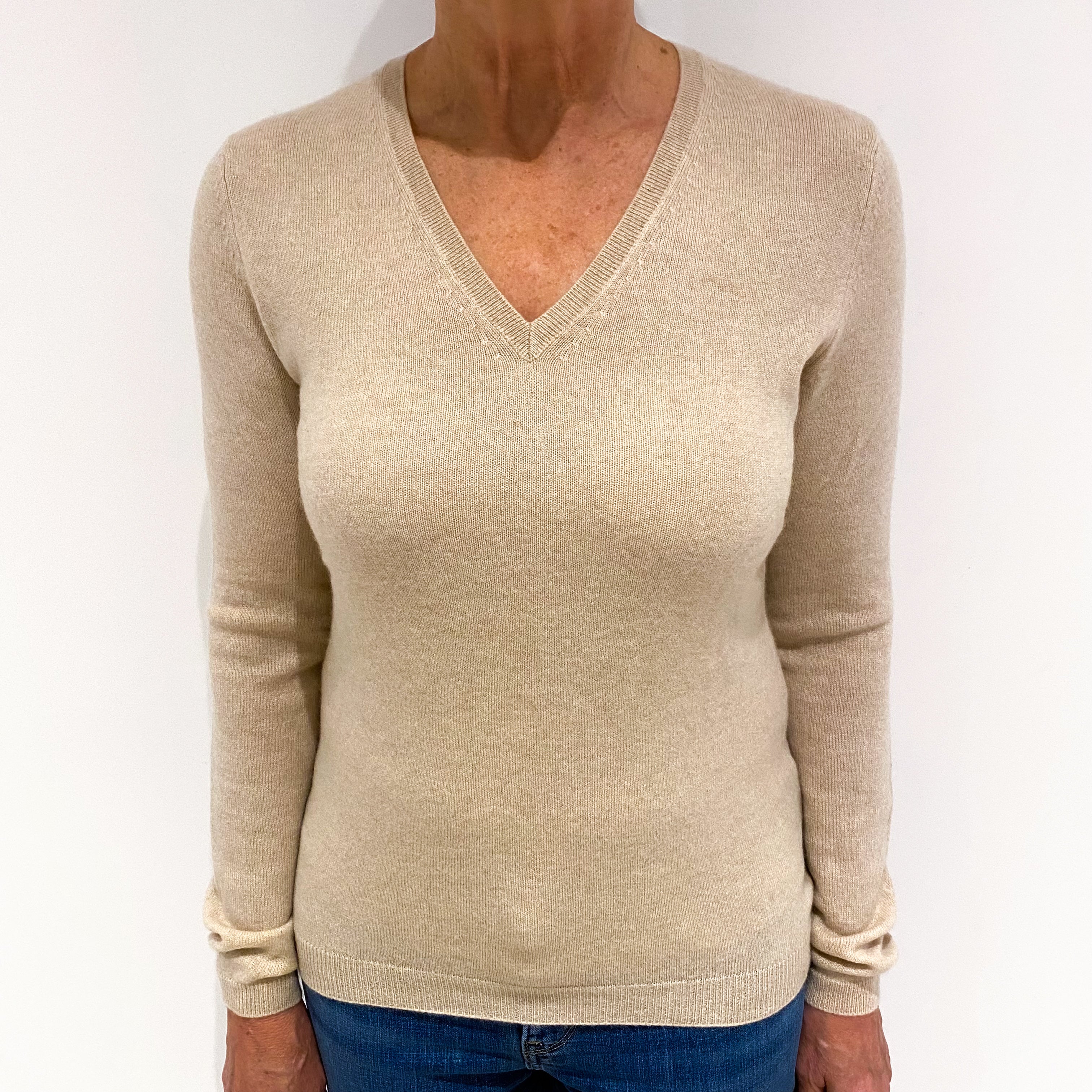 Oatmeal Beige Cashmere V Neck Jumper Medium