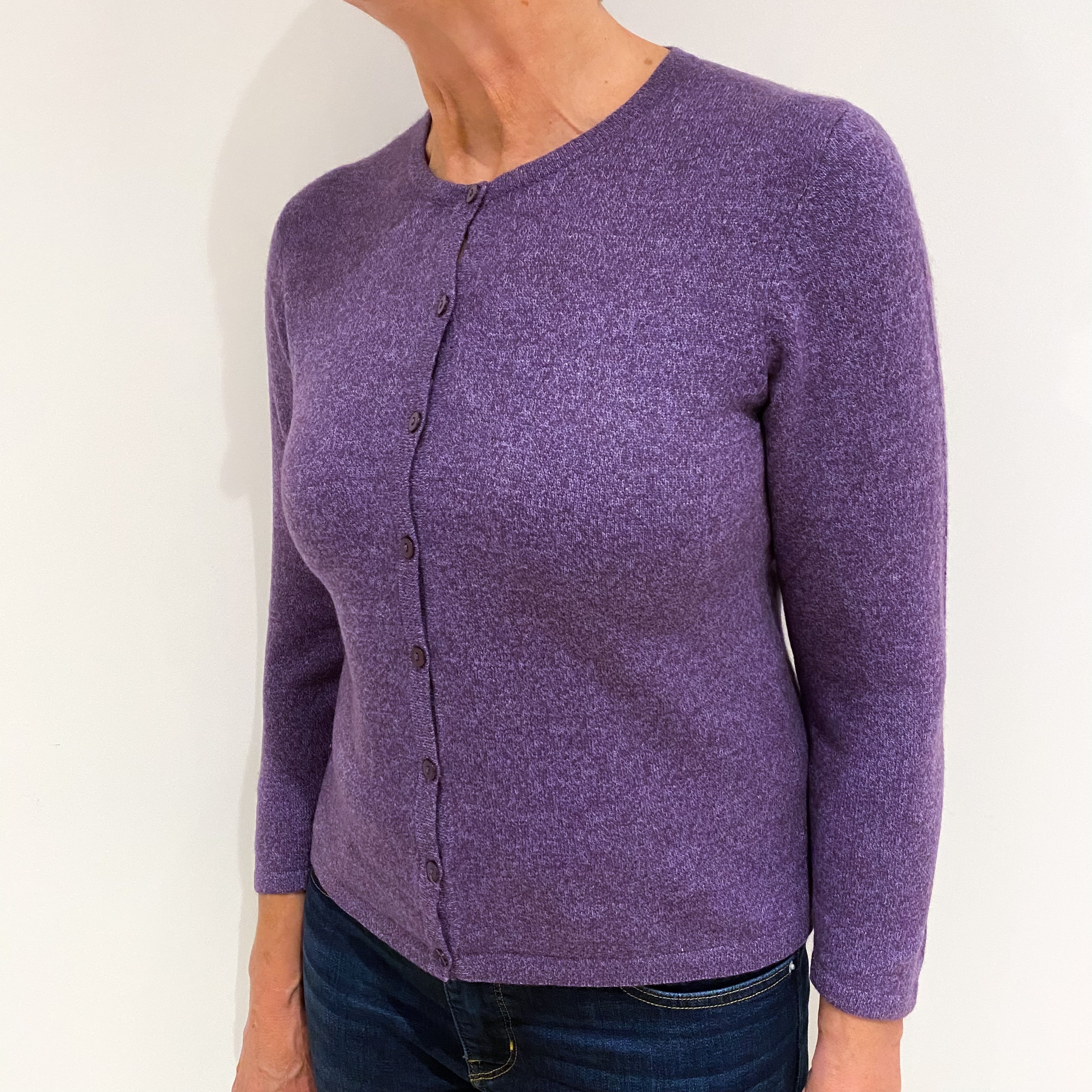 Purple Marl Cashmere Crew Neck Cardigan Medium/Petite