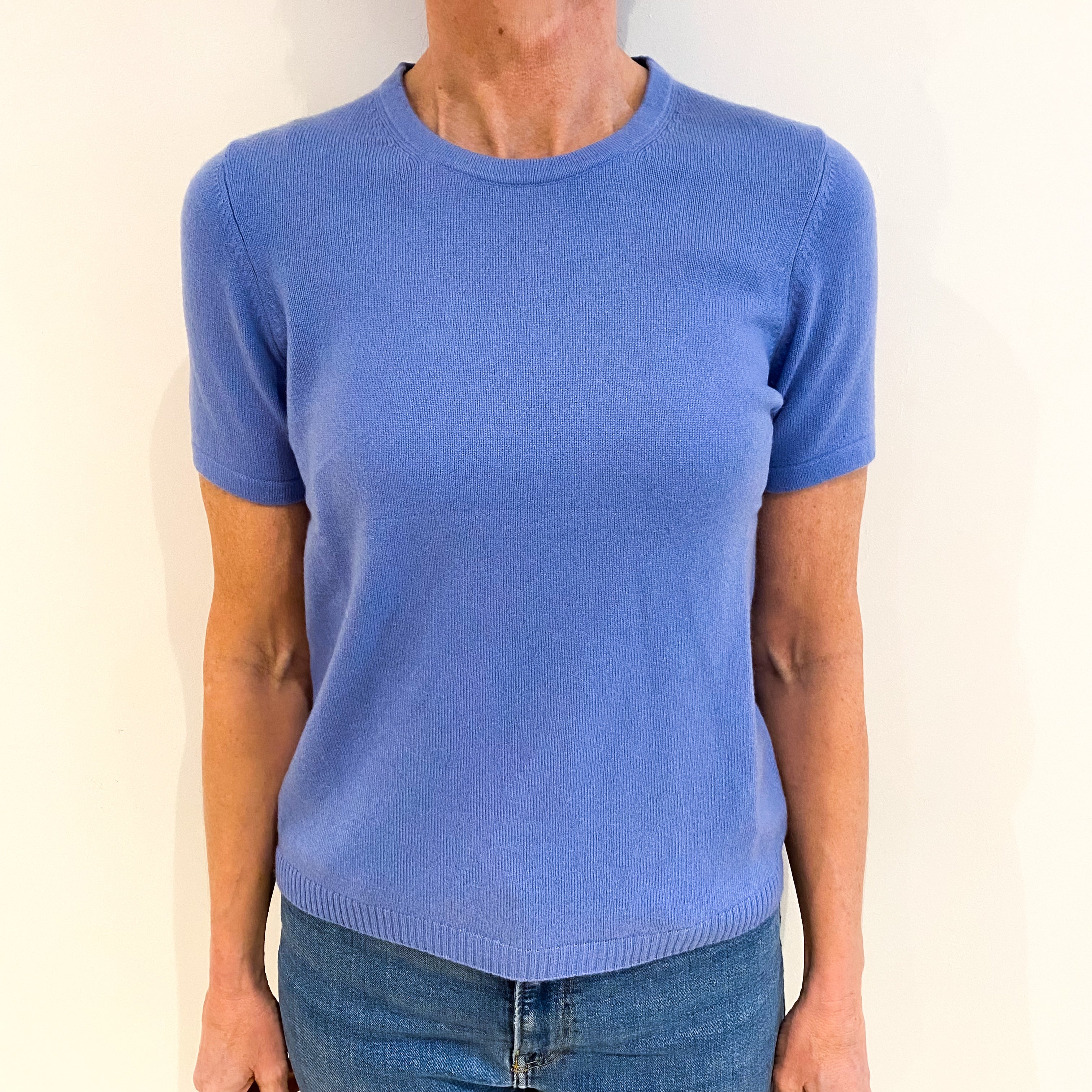 Cornflower Blue Cashmere Crew Neck Short Sleeved Jumper Small