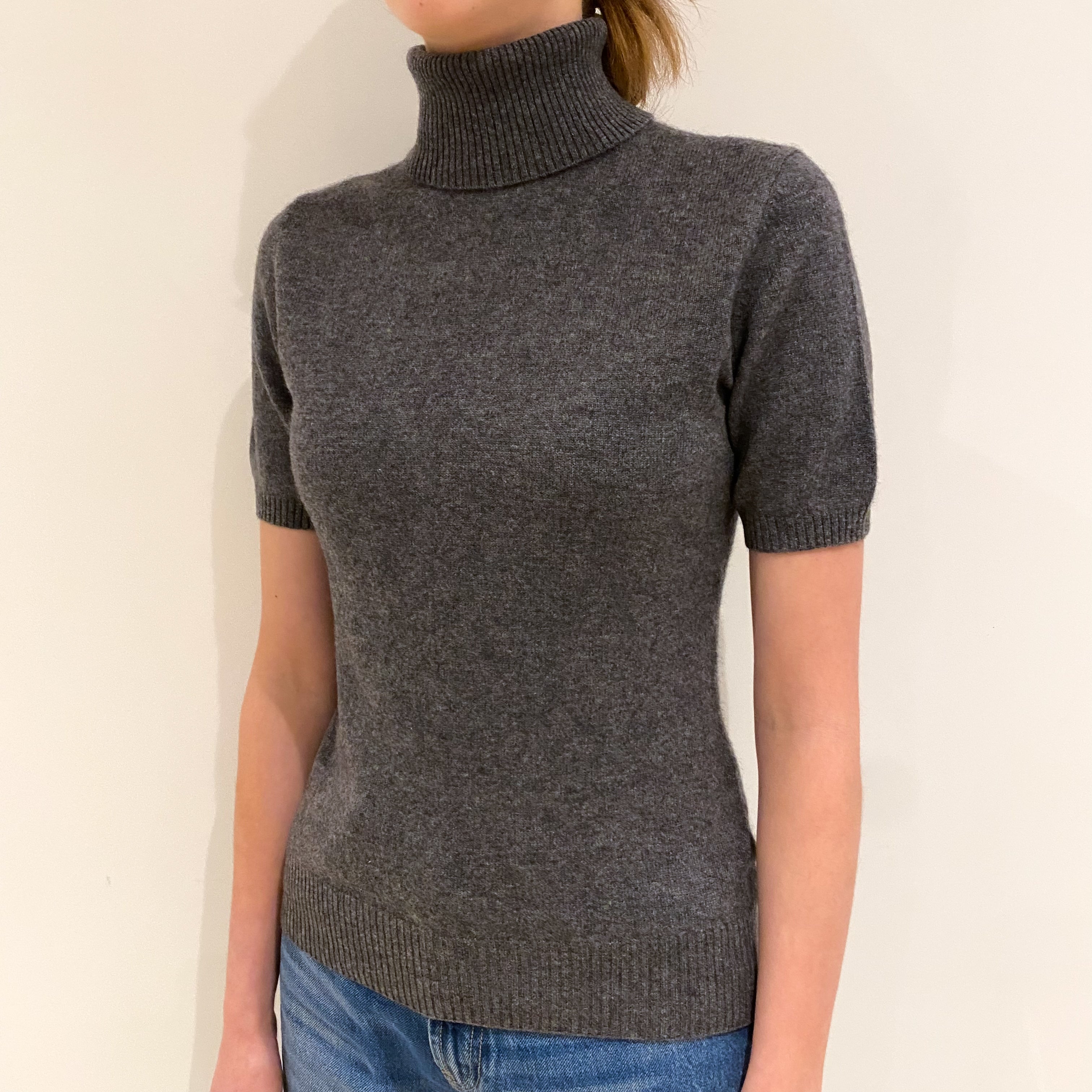 Slate Grey Cashmere Short Sleeve Polo Neck Jumper Extra Small