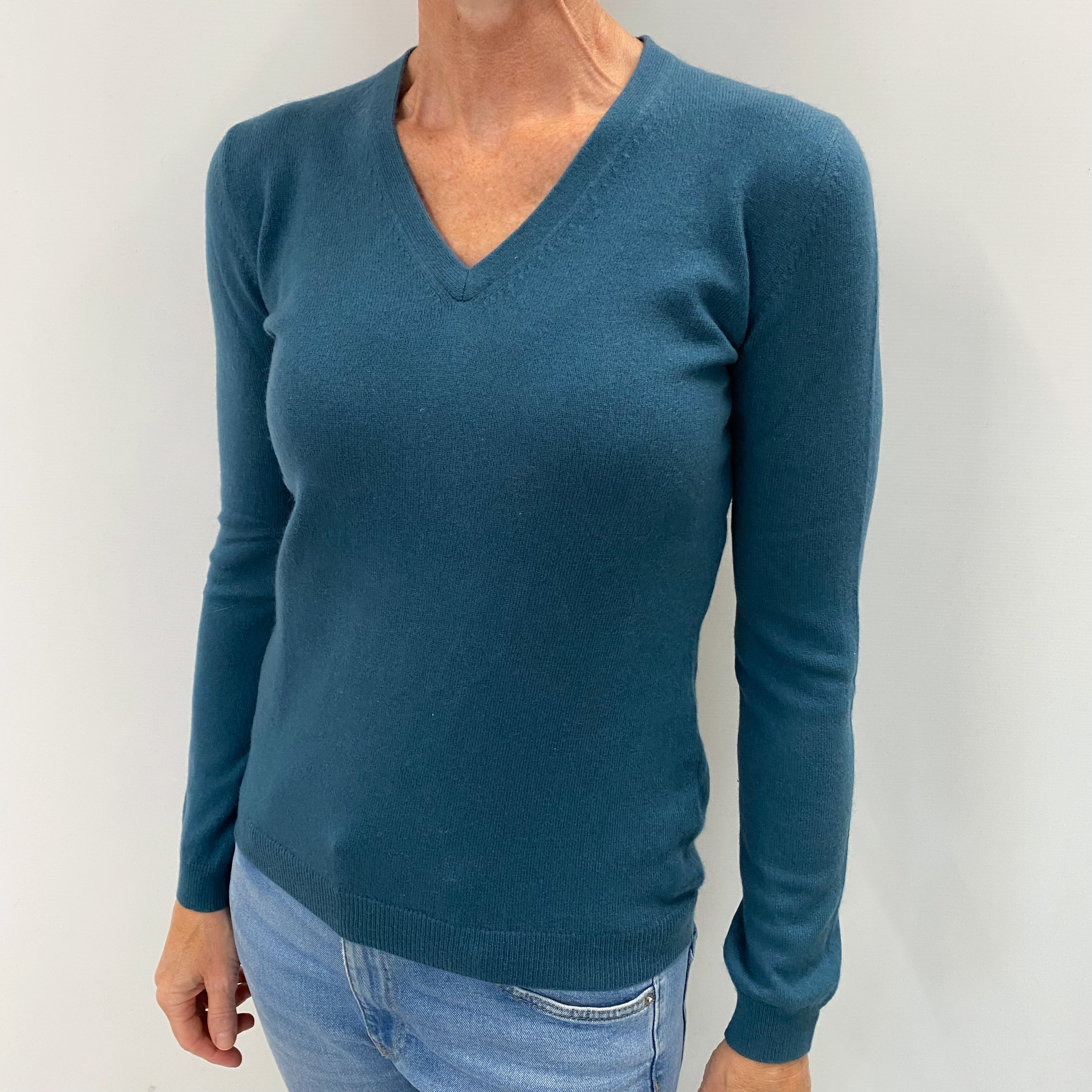 Petrol Blue Cashmere V Neck Jumper Small