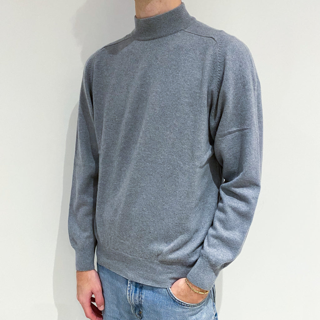 Men's Silver Grey Cashmere Polo Neck Jumper Large