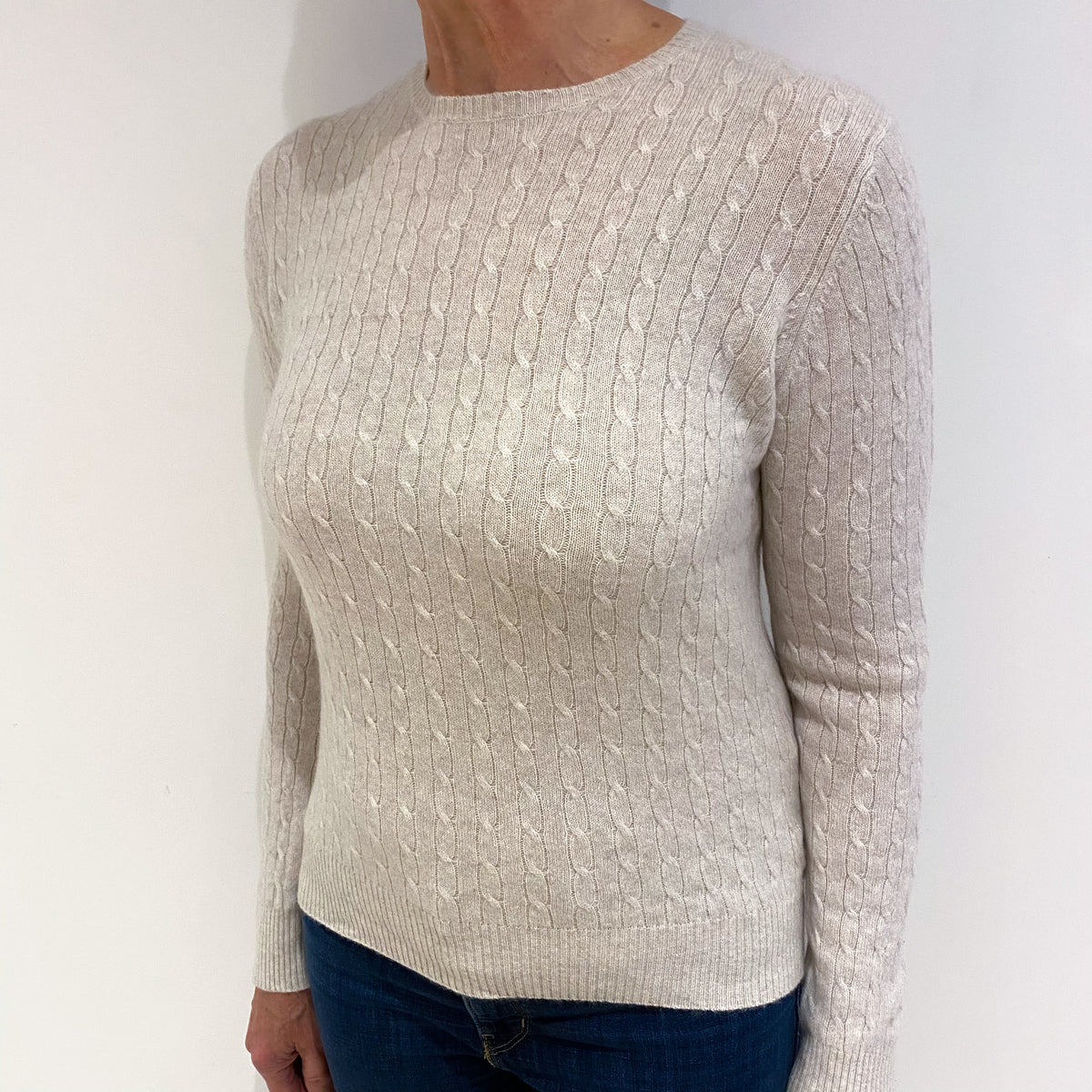 Oatmeal Beige Cable Cashmere Crew Neck Jumper Medium