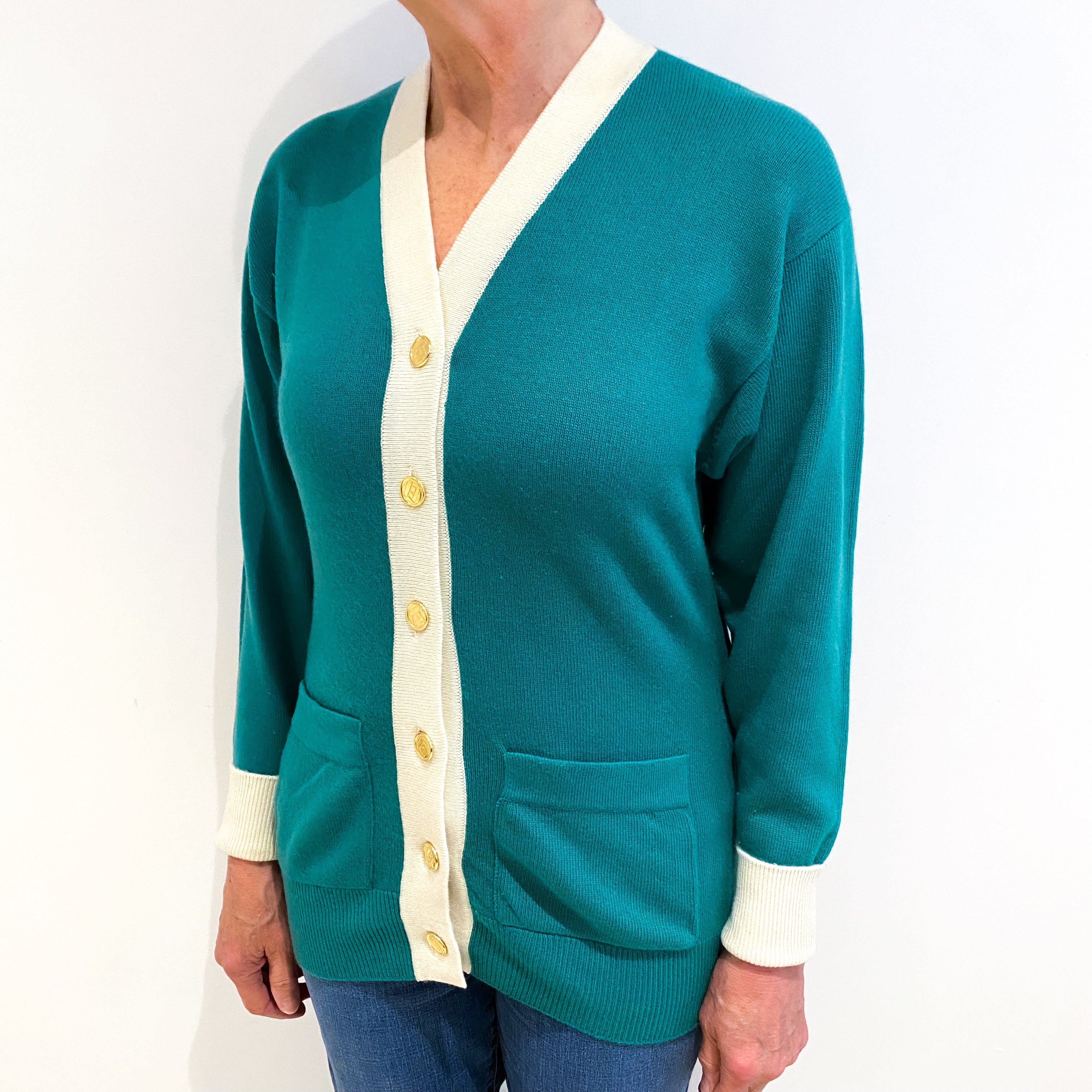 Vintage Chanel Shamrock Green With Cream Edge Cashmere Cardigan Medium