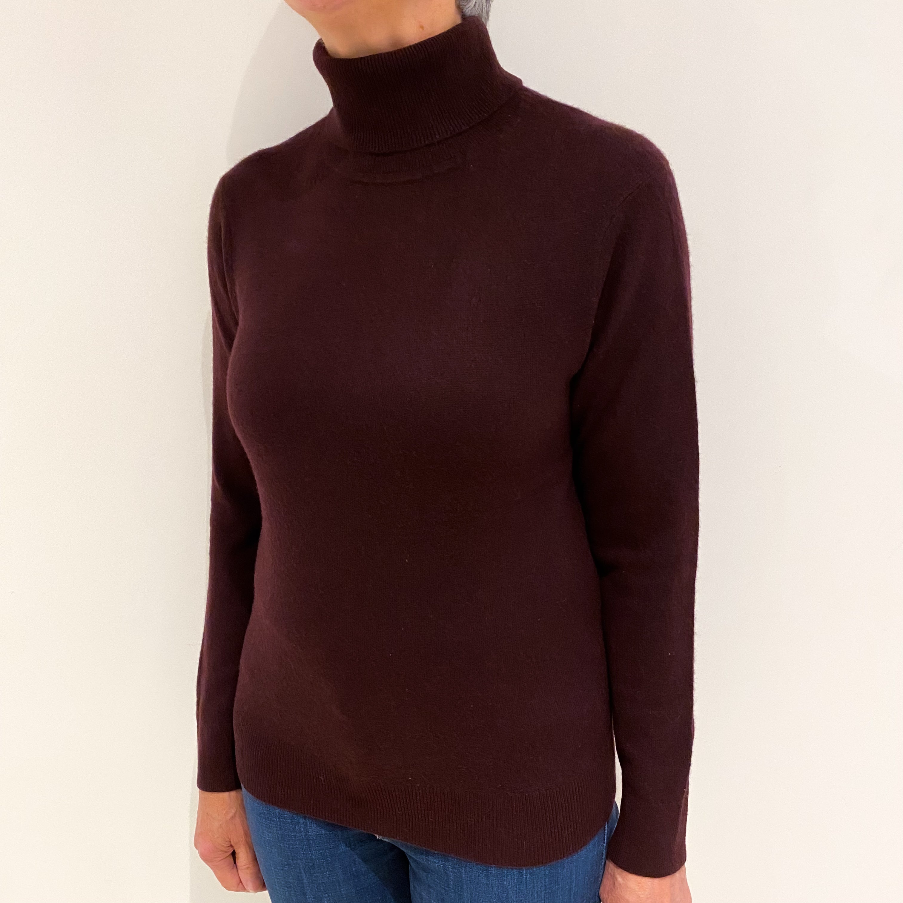 Aubergine Purple Cashmere Polo Neck Jumper Medium