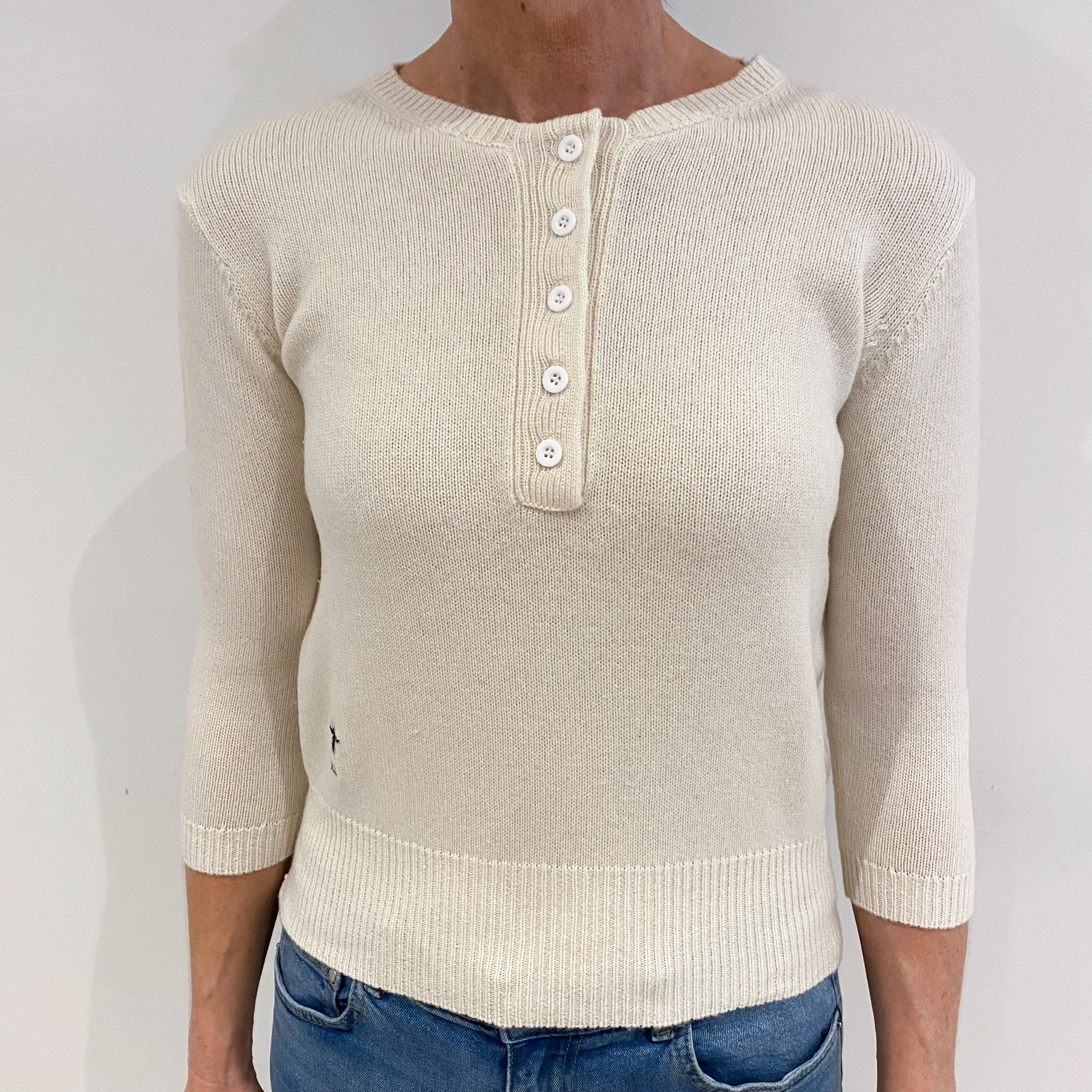 Cream Heavy Knit Cashmere Button Crew Neck Jumper Small