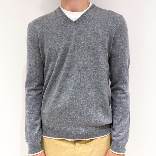 Men's Ash Grey Cream Trim Cashmere V-Neck Jumper Large