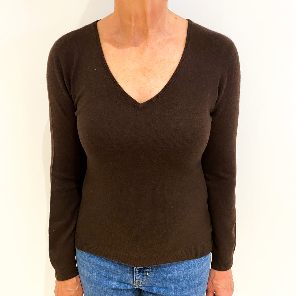 Dark Chocolate Brown Cashmere V Neck Jumper Medium