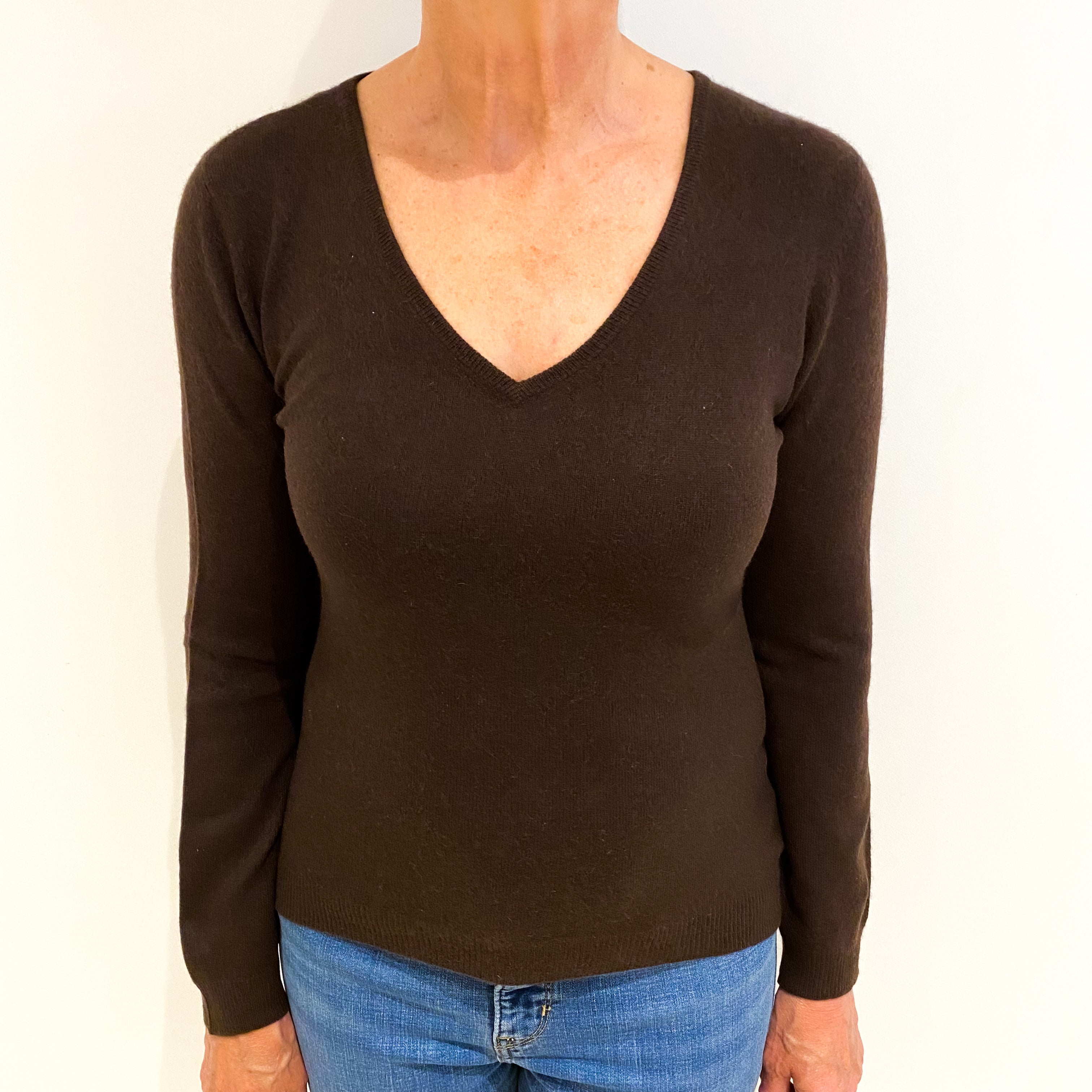 Dark Chocolate Brown Cashmere V Neck Jumper Medium