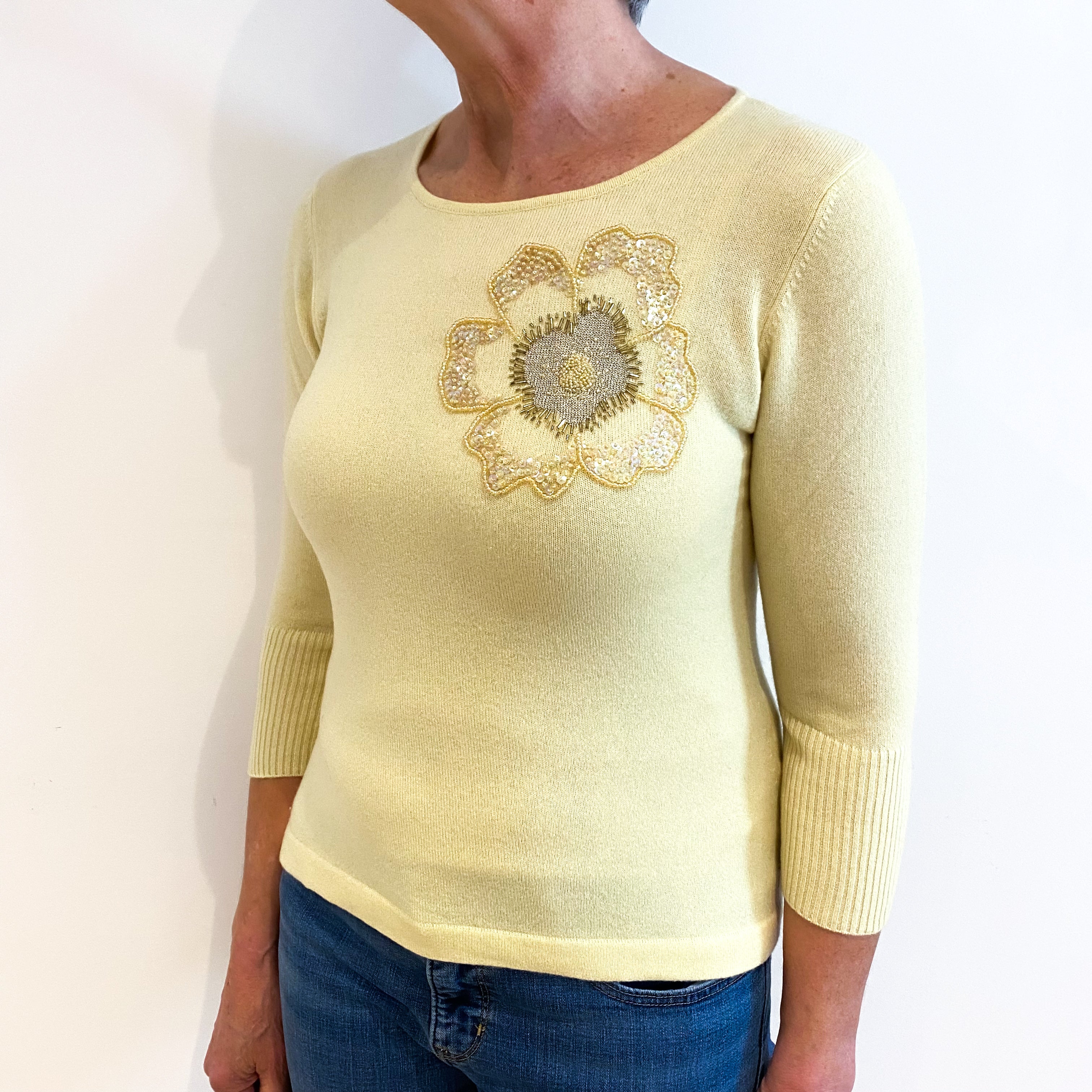 Primrose Yellow With Beaded Flower Cashmere Crew Neck Jumper Medium