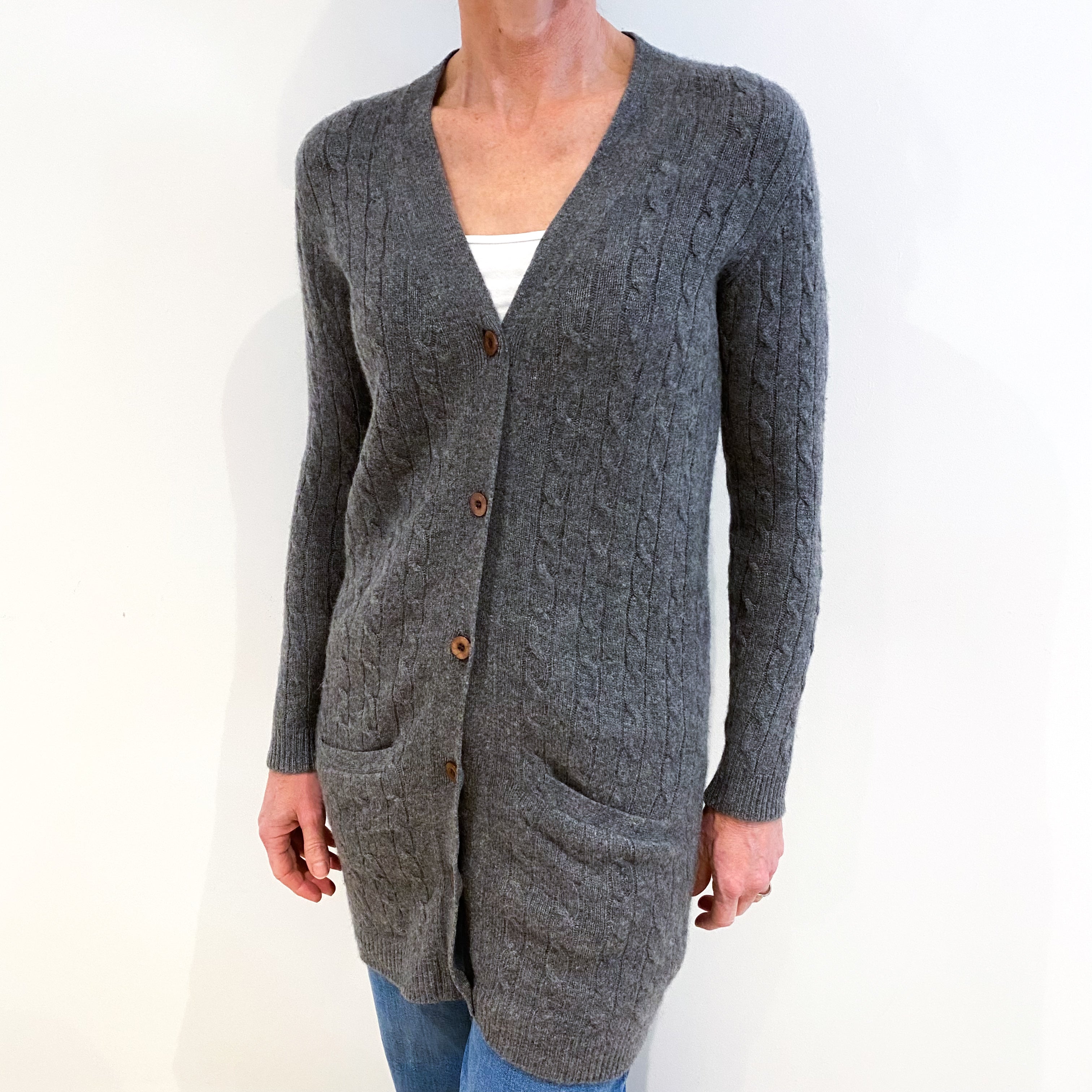 Ash Grey Cable Knot Cashmere V Neck Longline Cardigan With Pockets Small