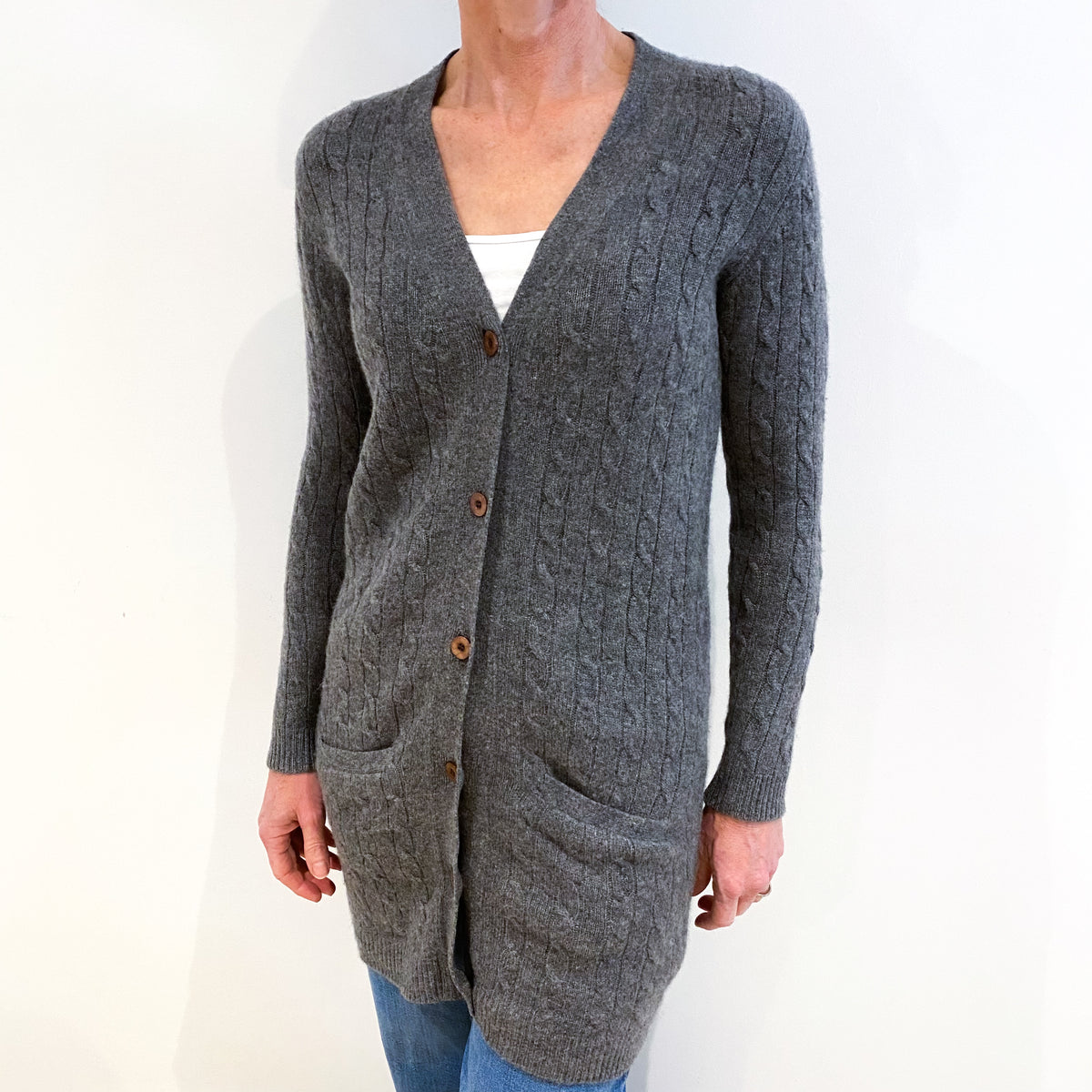 Ash Grey Cable Knot Cashmere V Neck Longline Cardigan With Pockets Small