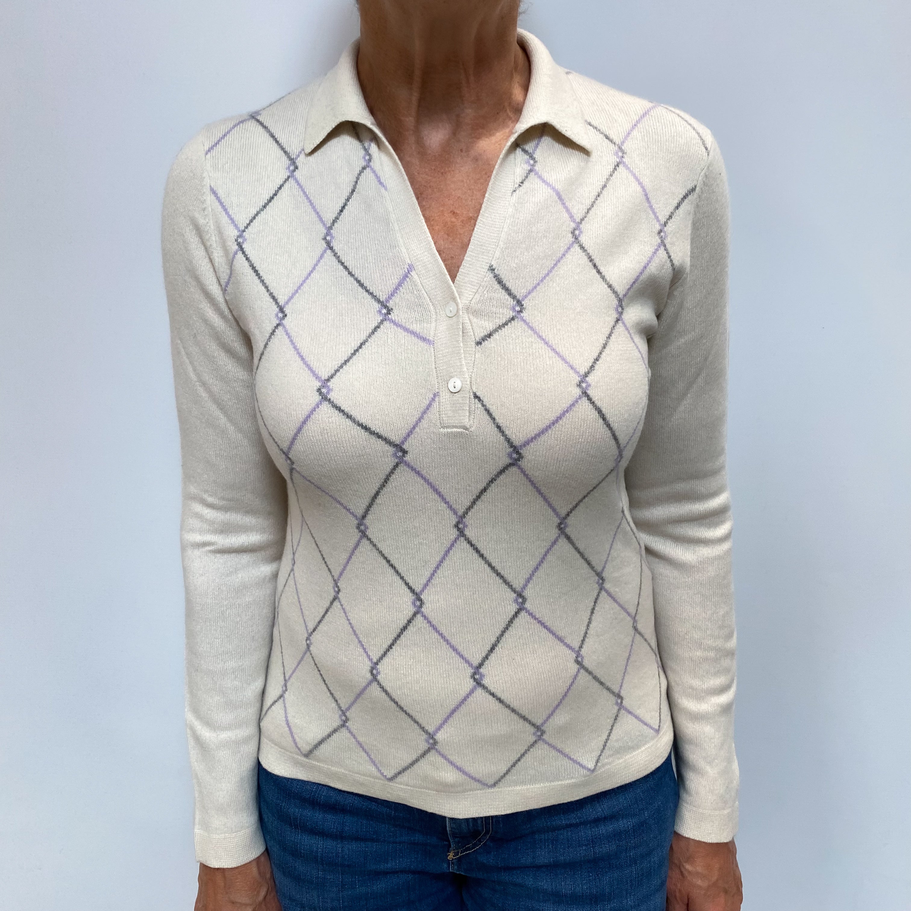 Vanilla Cream Cashmere Collared V Jumper Medium