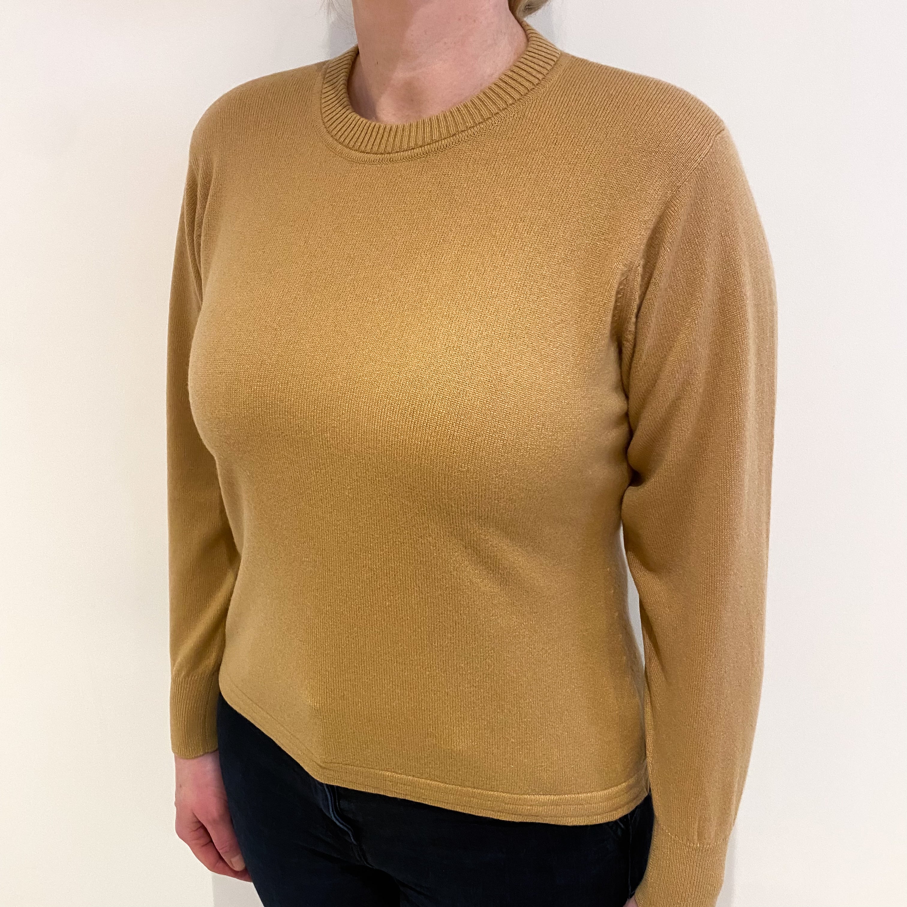 Camel Beige Cashmere Crew Neck Jumper Large