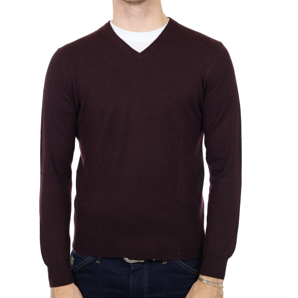 Men's Mulberry Purple Cashmere V Neck Jumper Medium
