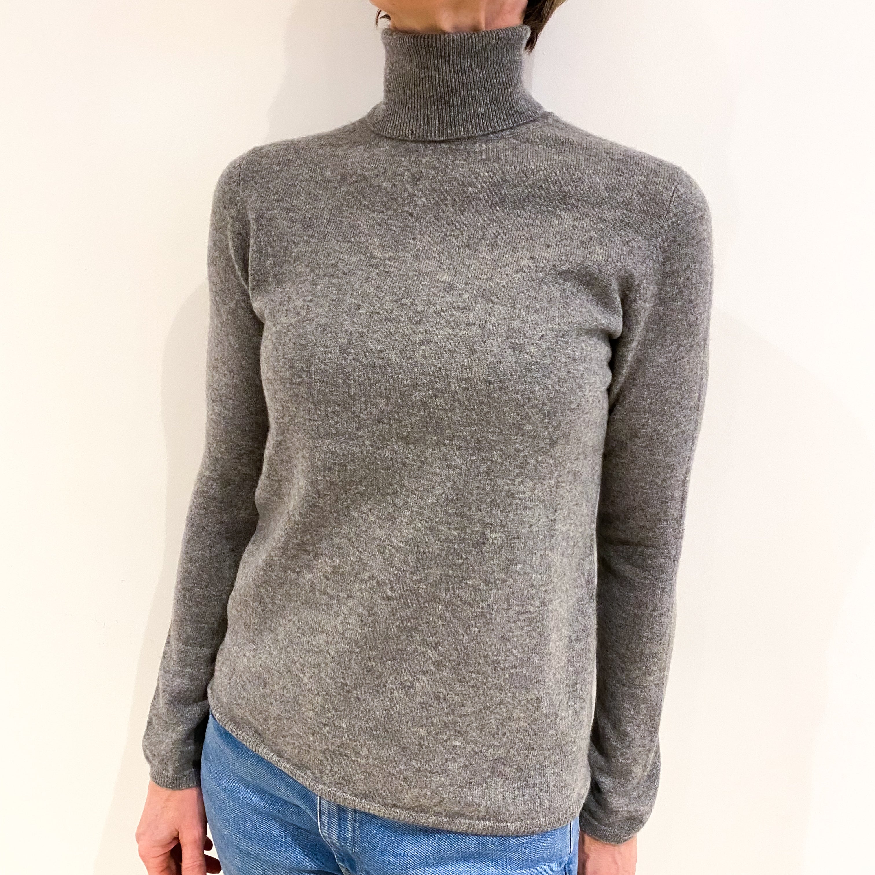 Ash Grey Cashmere Polo Neck Jumper Small