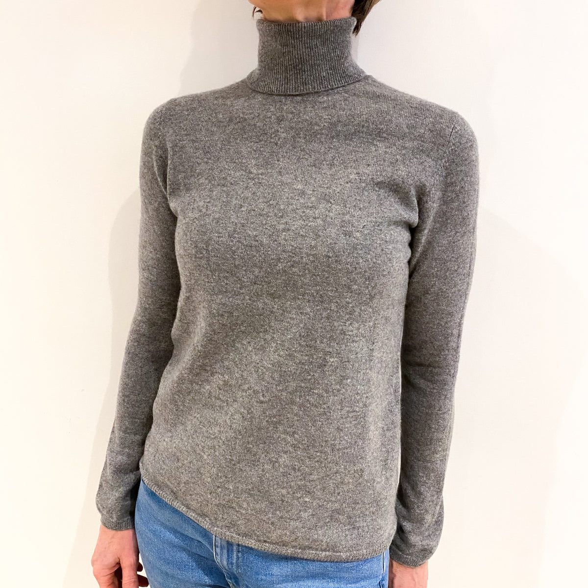 Ash Grey Cashmere Polo Neck Jumper Small