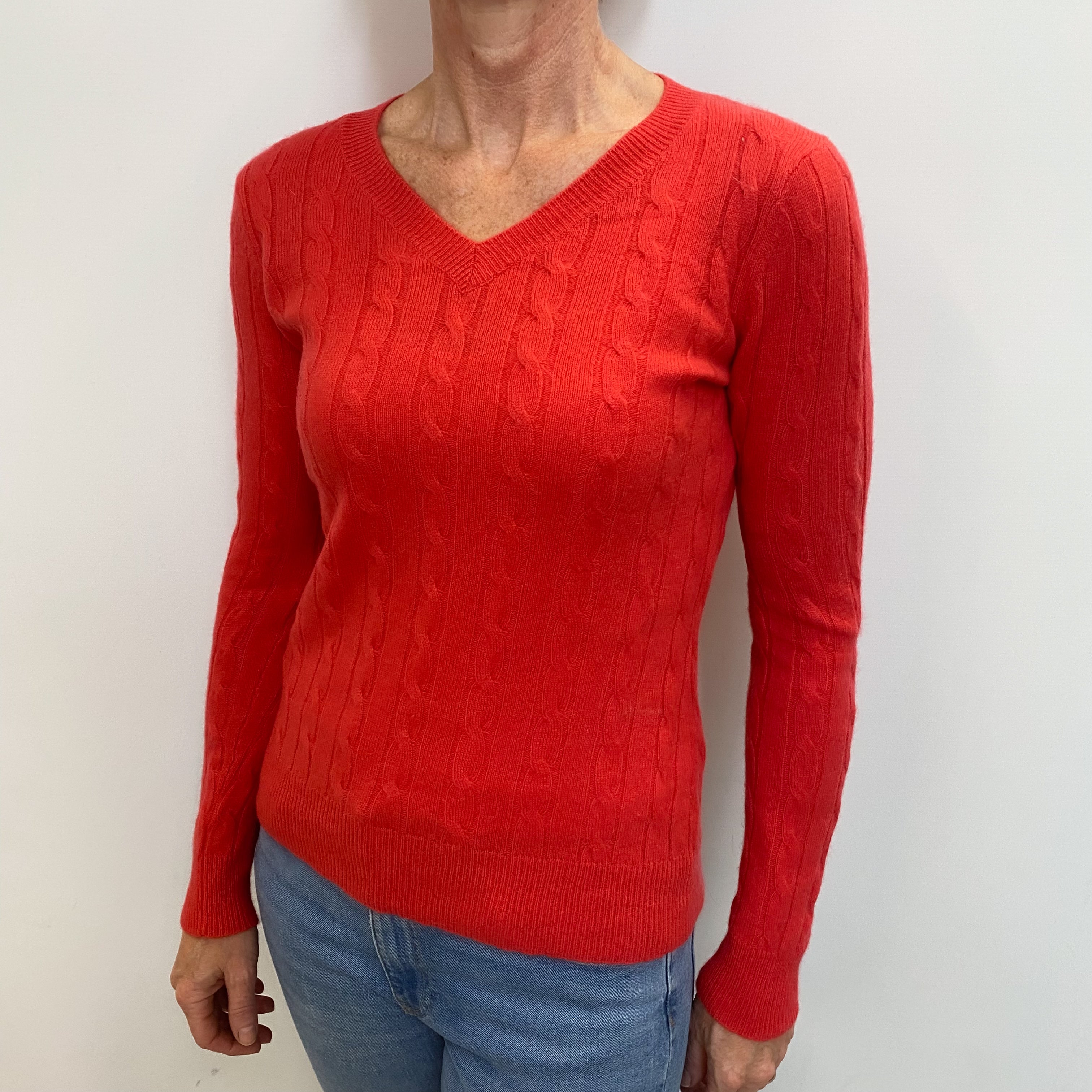 Watermelon Red Cashmere V Neck Cable Knit Jumper Small