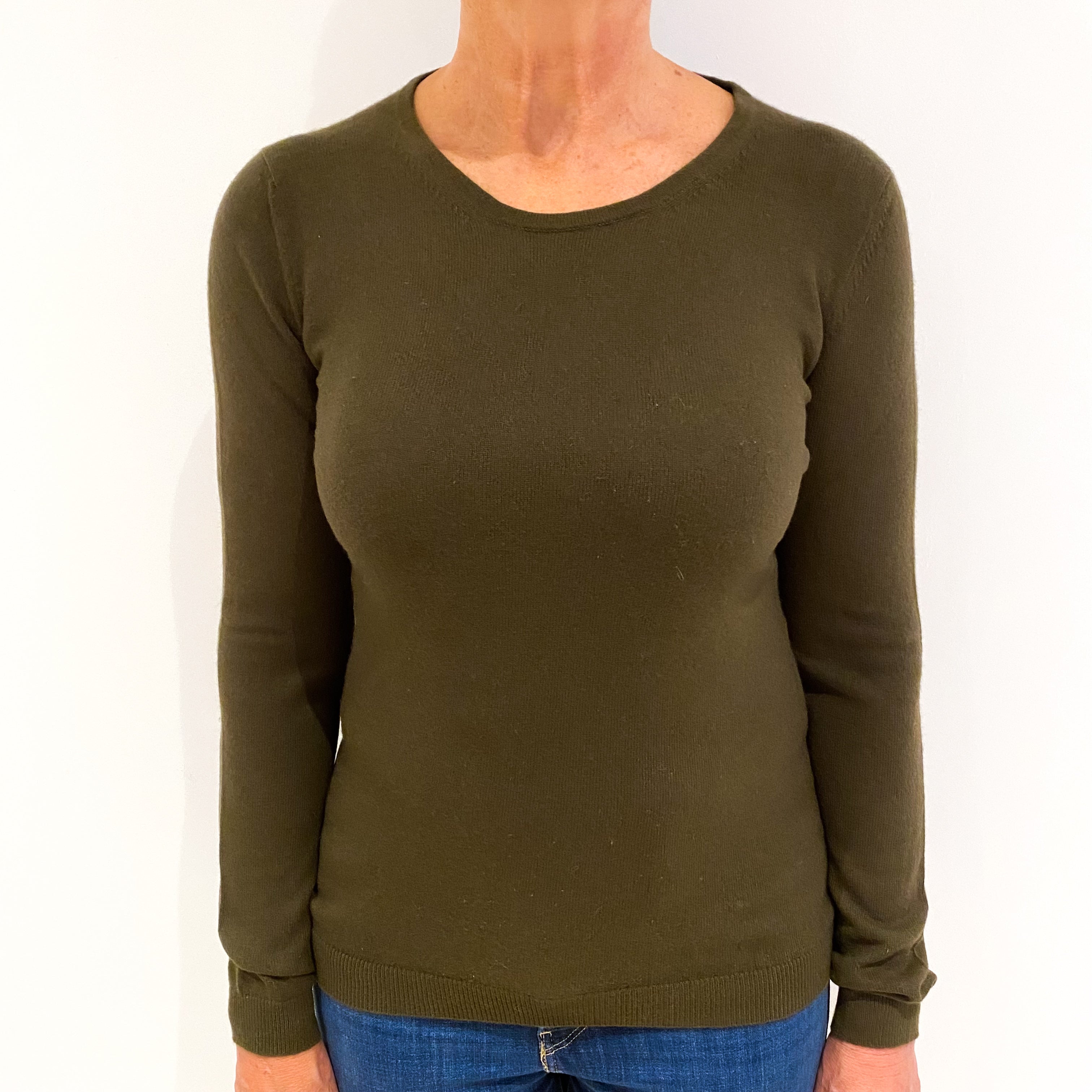 Olive Green Cashmere Crew Neck Jumper Medium