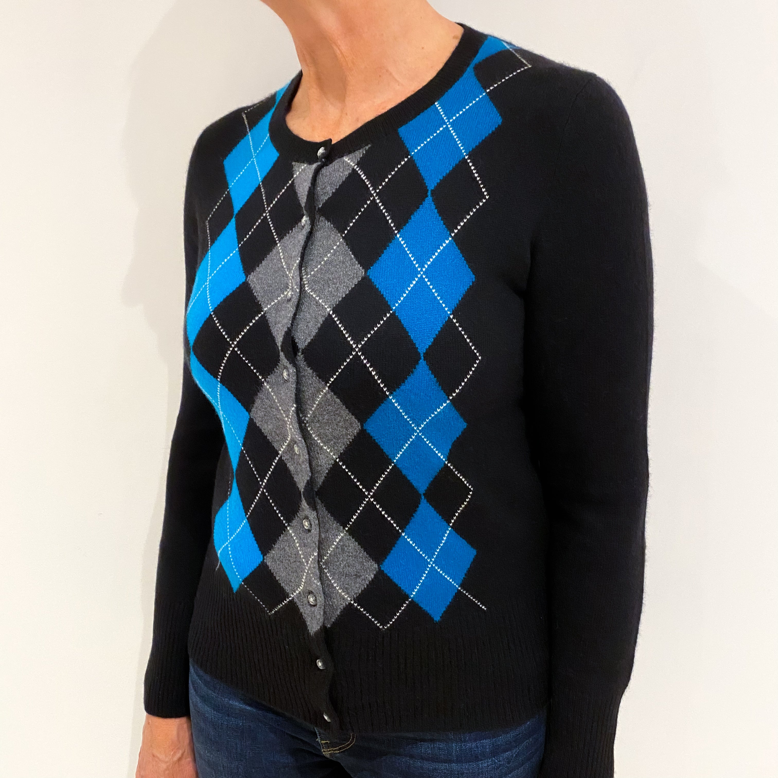 Black Turquoise Argyle Cashmere Crew Neck Cardigan Medium