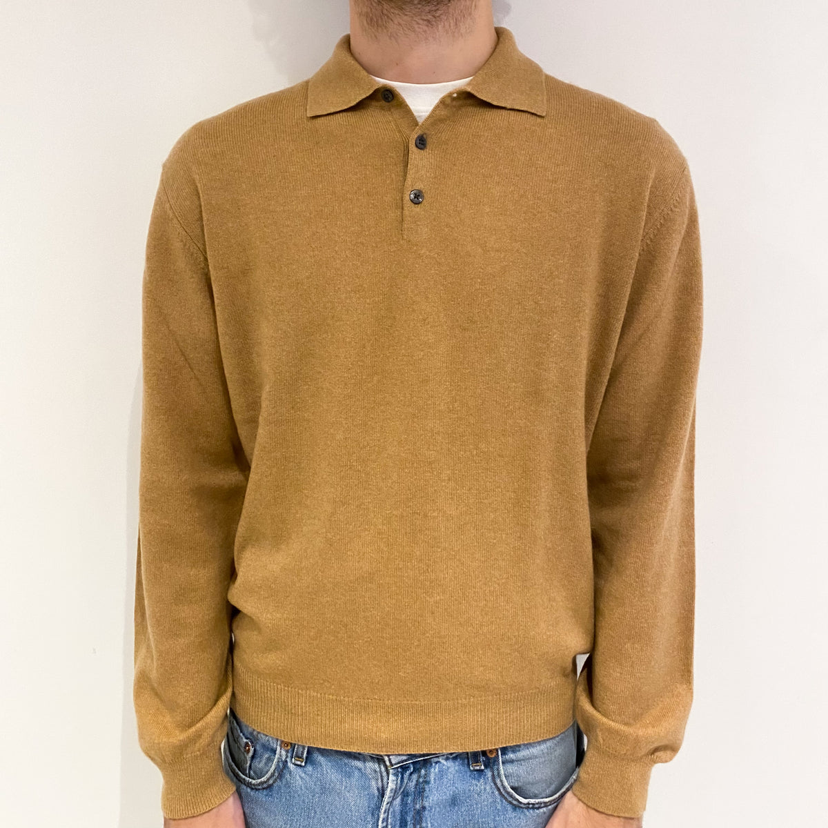 Men's Butterscotch Brown Cashmere Collared Crew Neck Jumper Medium