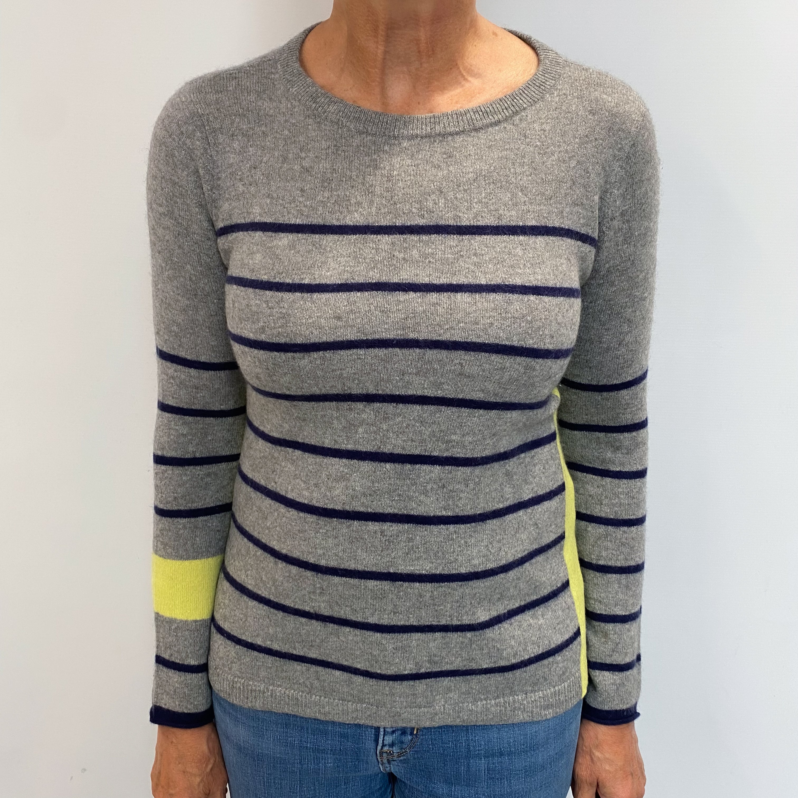 Ash Grey and Navy Striped Cashmere Crew Neck Jumper Medium