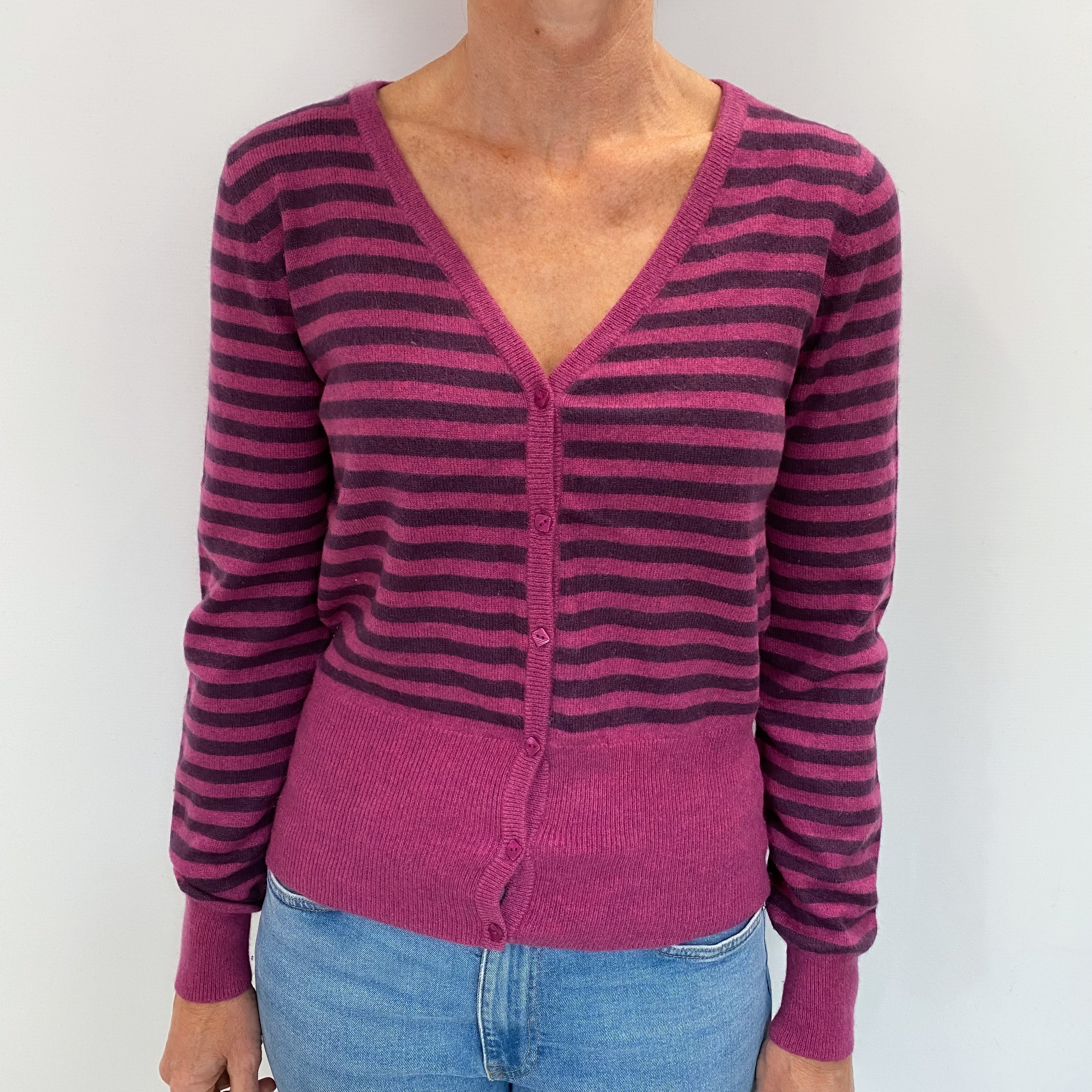Magenta Purple Stripe Cashmere V Neck Cardigan Small