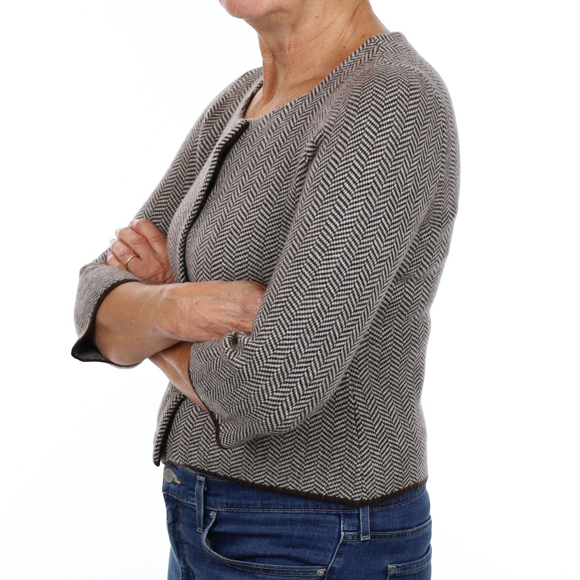 Bitter Chocolate Herringbone Cashmere Scoop Neck Jacket Medium