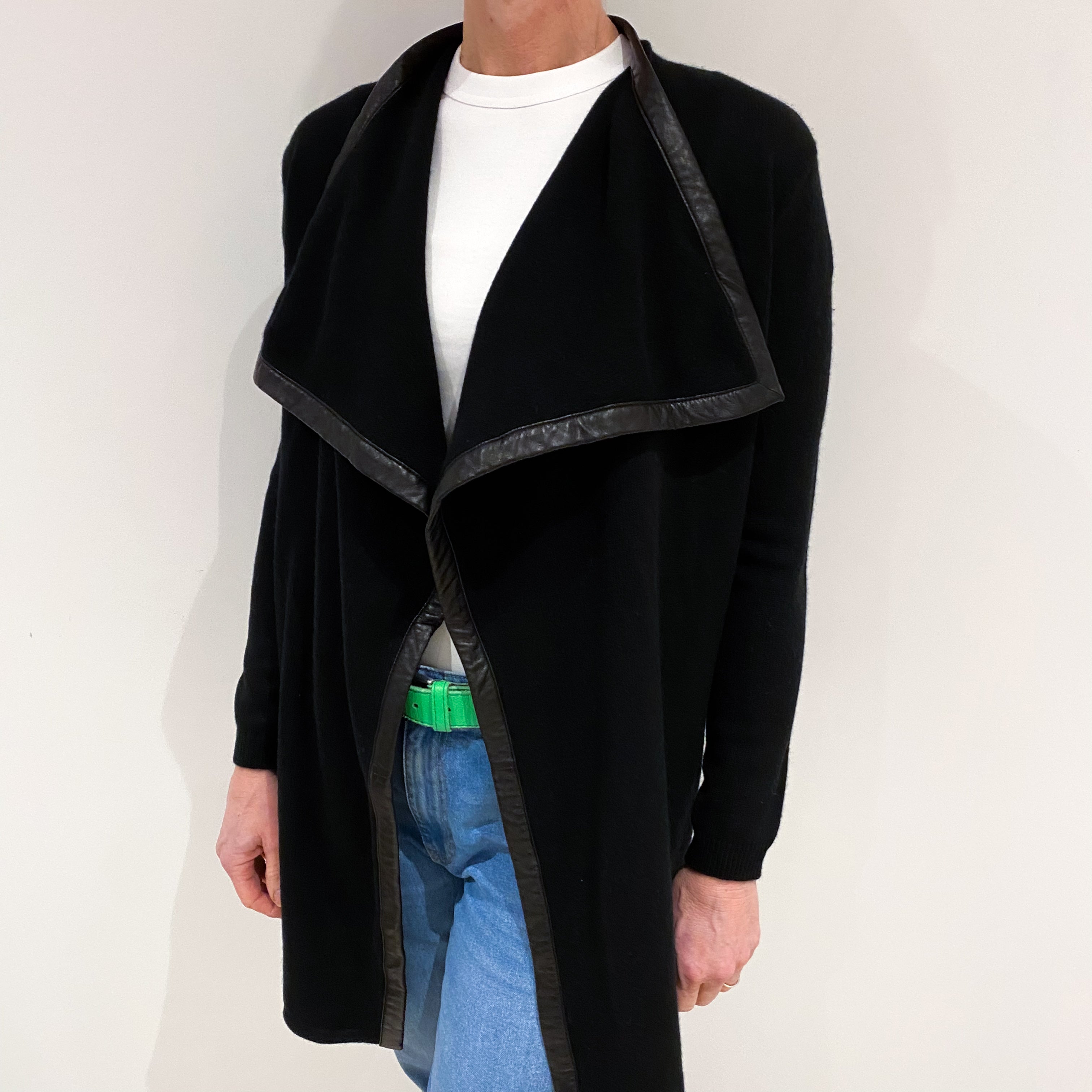 Ralph Lauren Black Leather Trim Cashmere Waterfall Cardigan Small