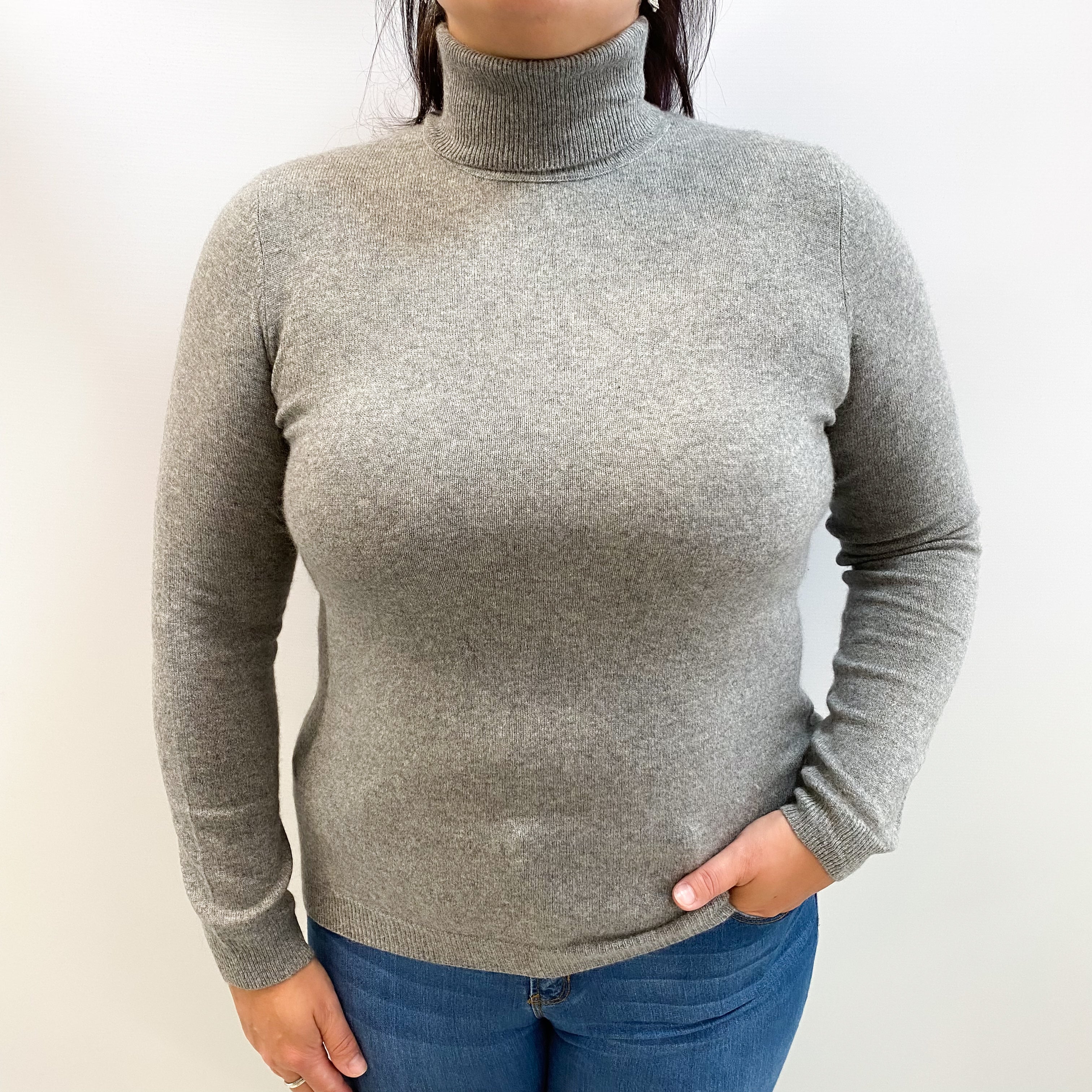 Ash Grey Cashmere Polo Neck Jumper Large